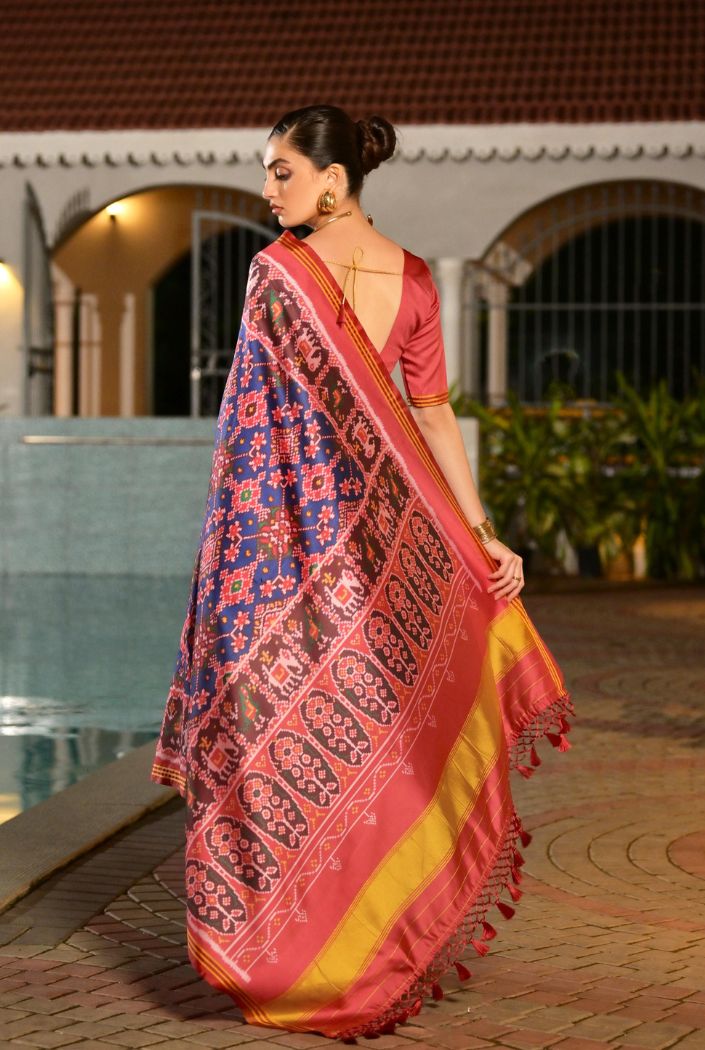 Buy MySilkLove Mulled Wine Blue Printed Patola Soft Silk Saree Online