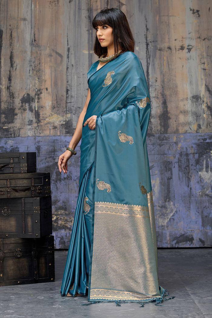 Buy MySilkLove Cyan Blue Handloom Satin Soft Silk Saree Online