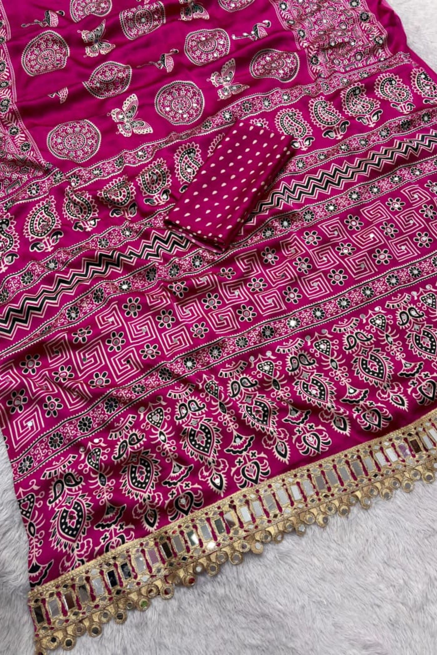 Buy MySilkLove Chili Red Ajrakh Satin Printed Mirror Work Saree Online