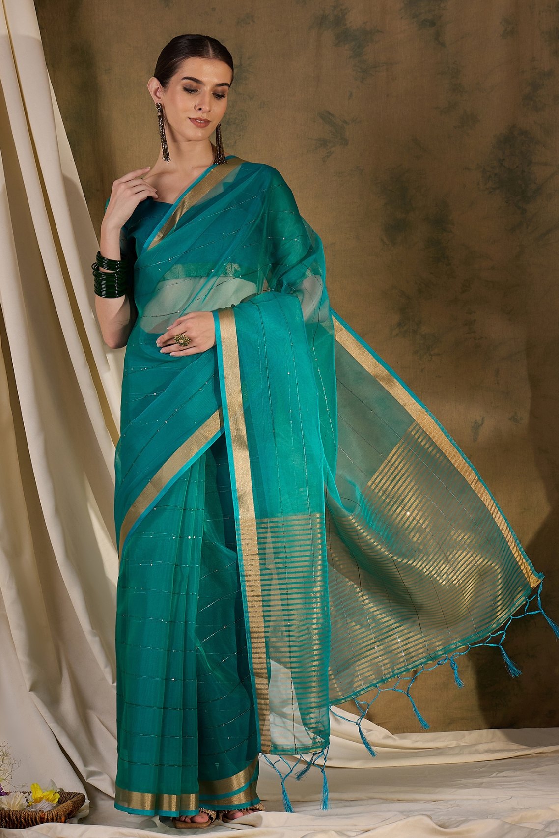 Buy MySilkLove Blue Stone Woven Organza Saree Online