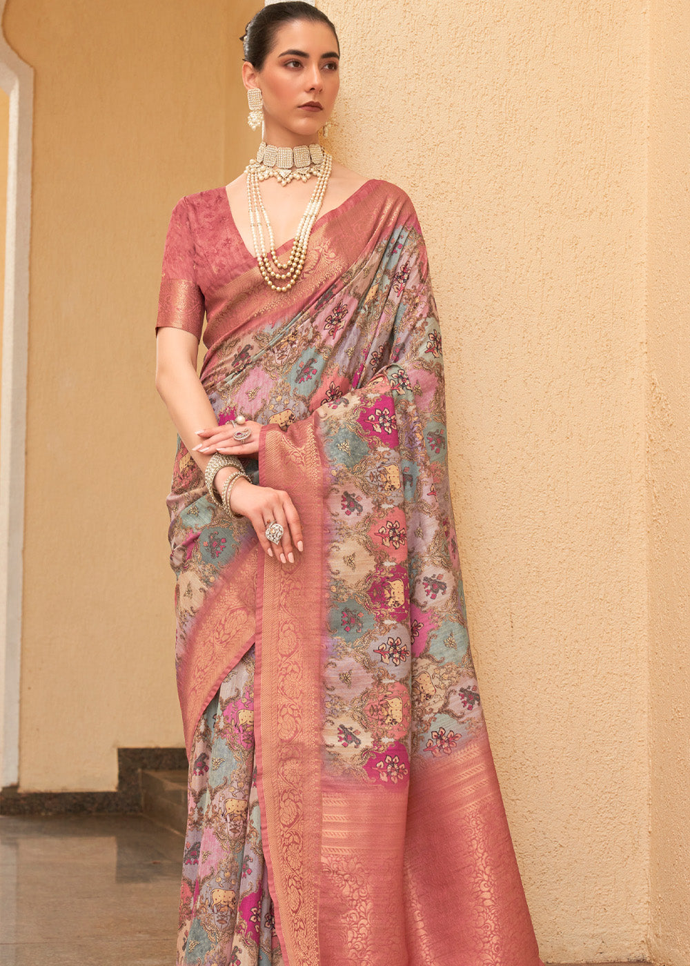 Buy MySilkLove Copper Penny Pink and Brown Digital Printed Tussar Silk Saree Online