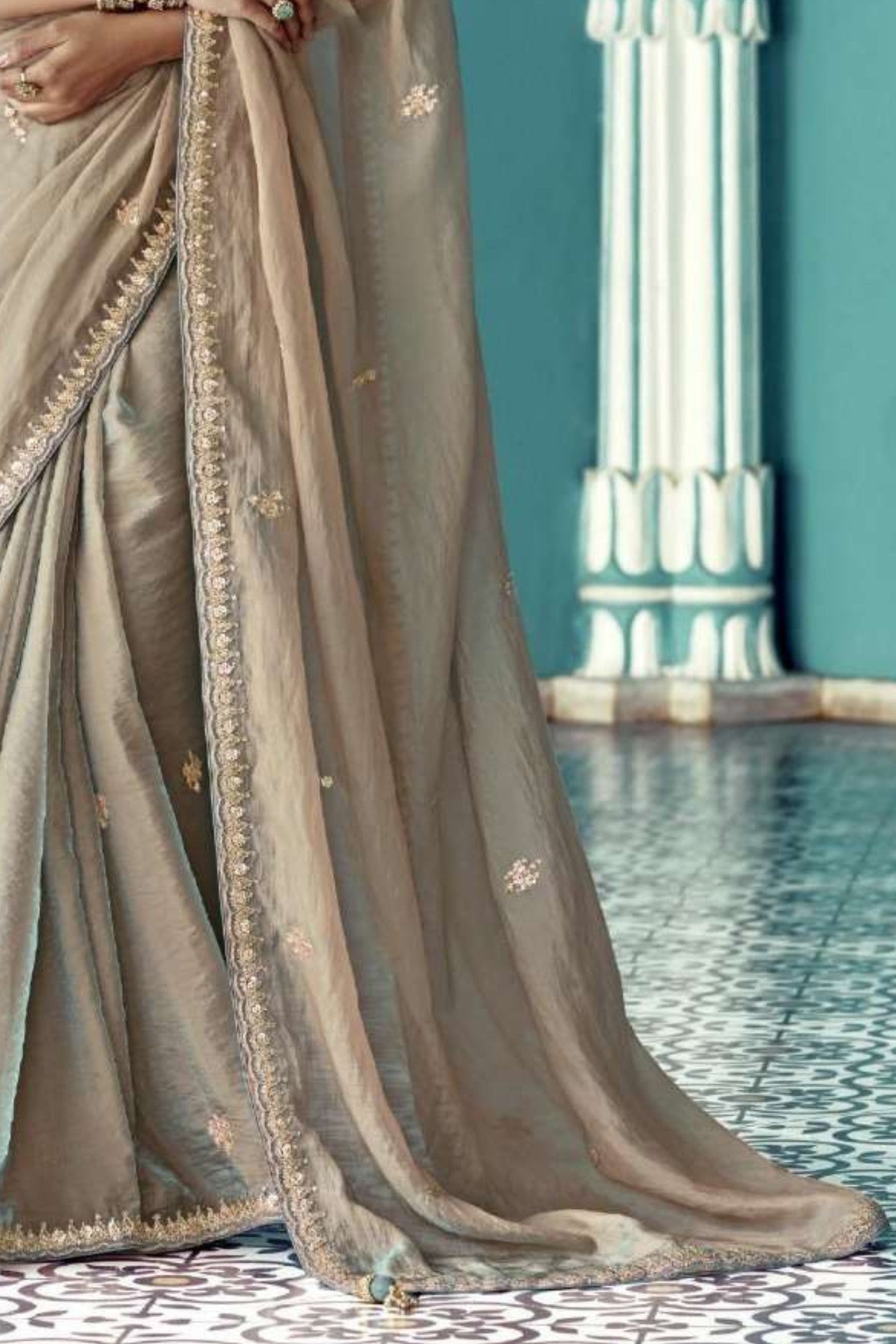 Buy MySilkLove Bronco Cream Embroidered Tissue Designer Saree Online