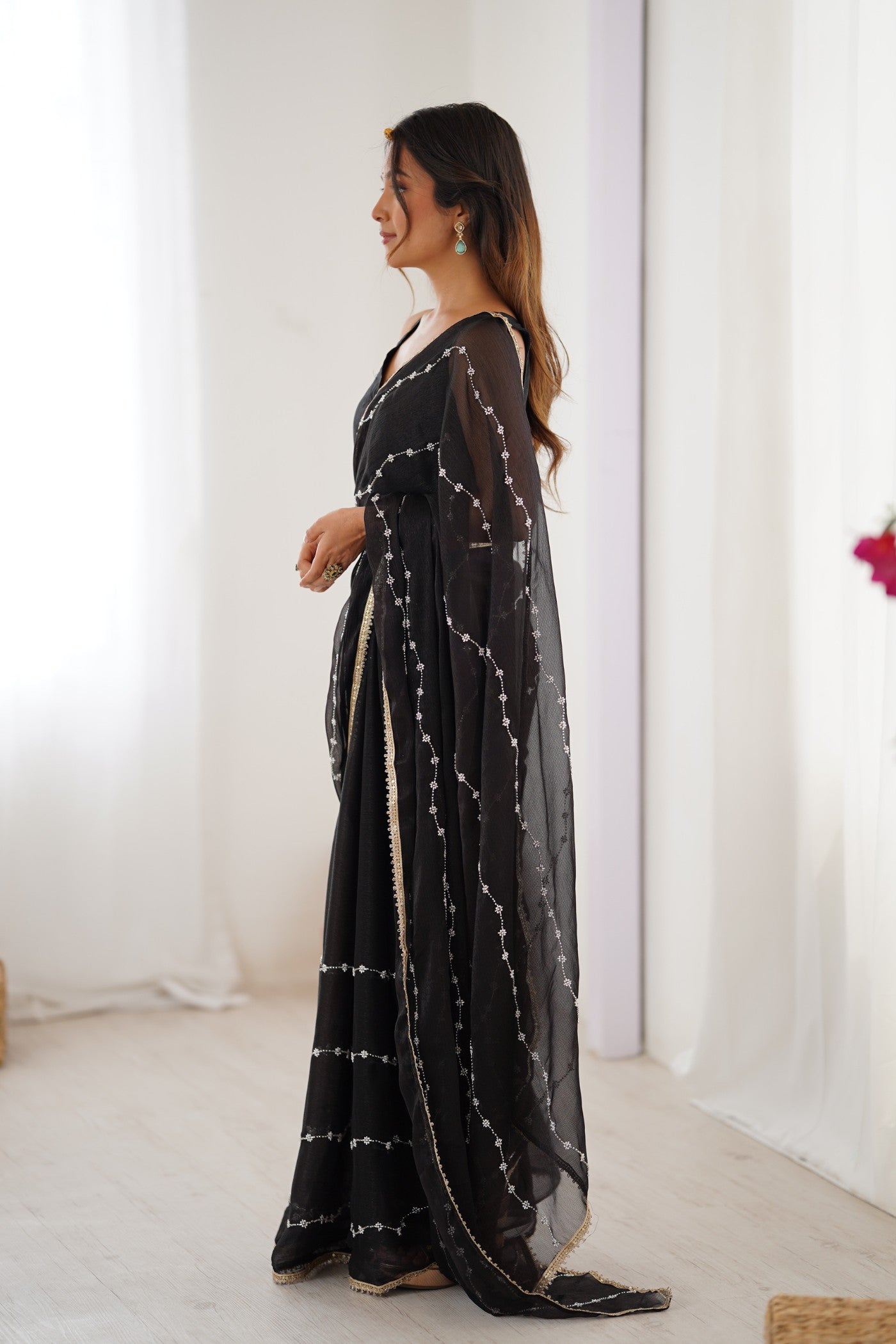 Buy MySilkLove Coral Black Chiffon Partywear Saree Online