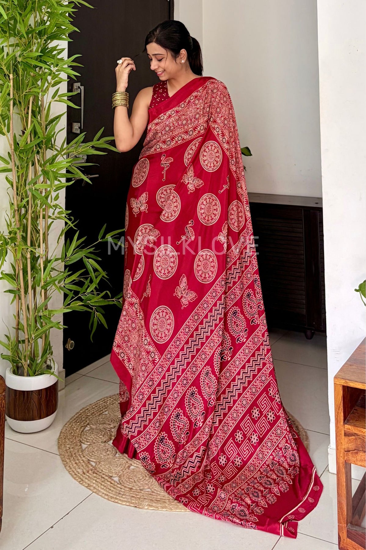 Buy MySilkLove Rose Red Ajrakh Satin Printed Silk Saree Online