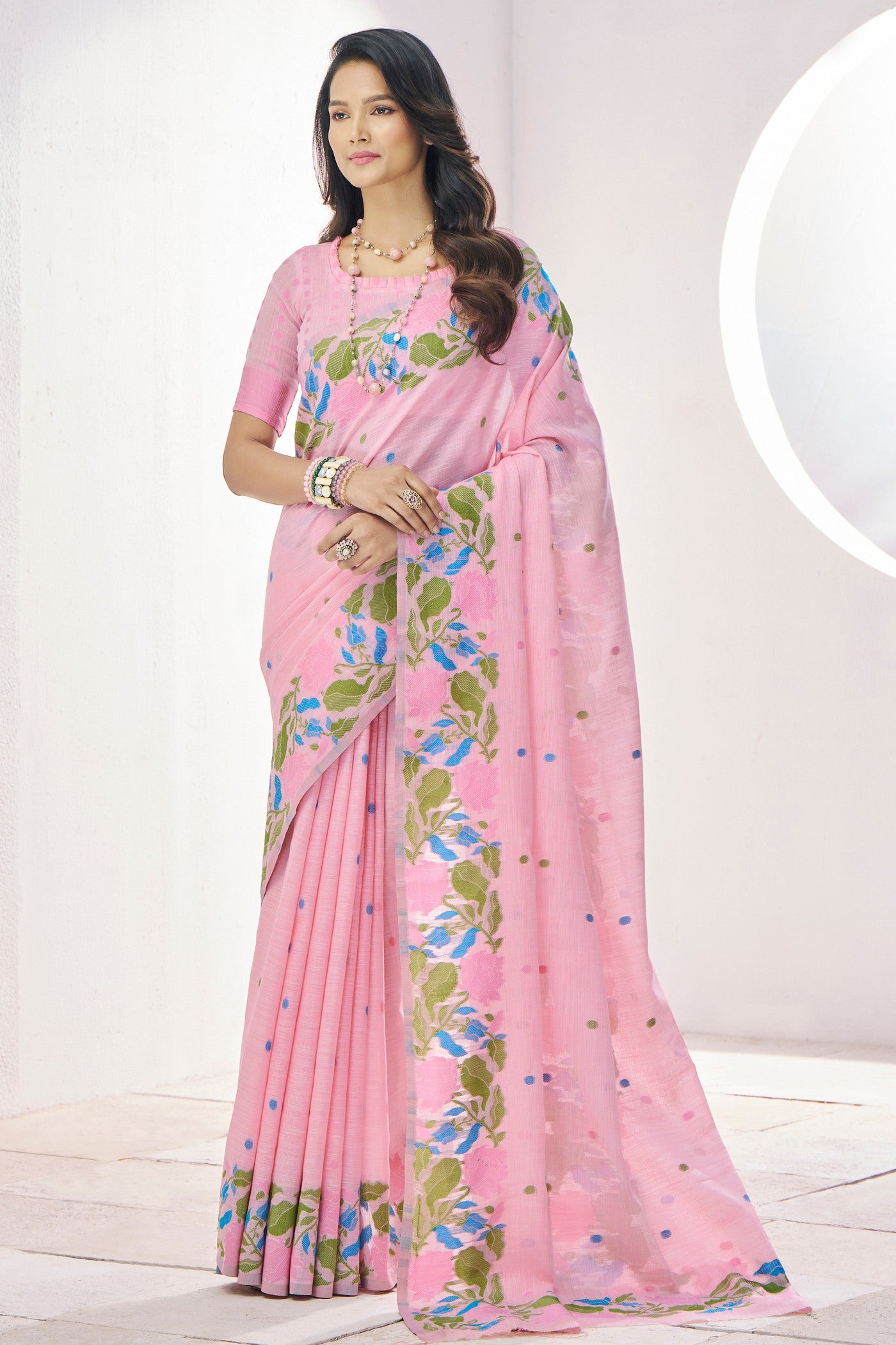 Buy MySilkLove Carissma Pink Printed Linen Saree Online