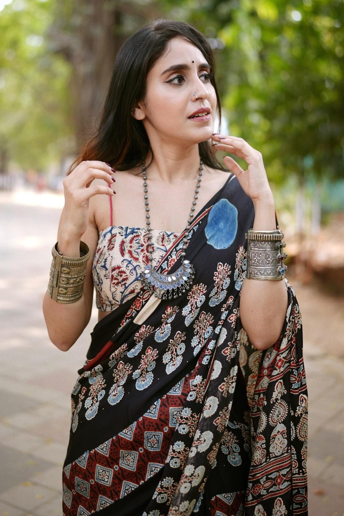 Buy MySilkLove Onyx Black Printed Polka Dots Satin Crepe Saree Online