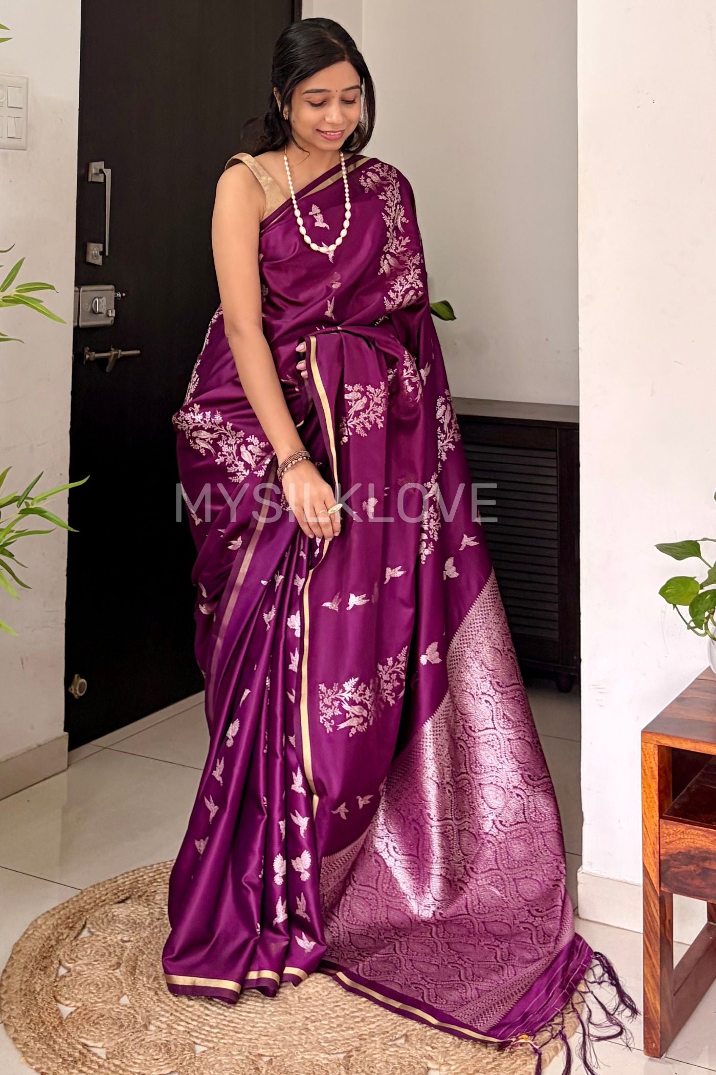 Buy MySilkLove Raisin Purple Handloom Satin Silk Saree Online