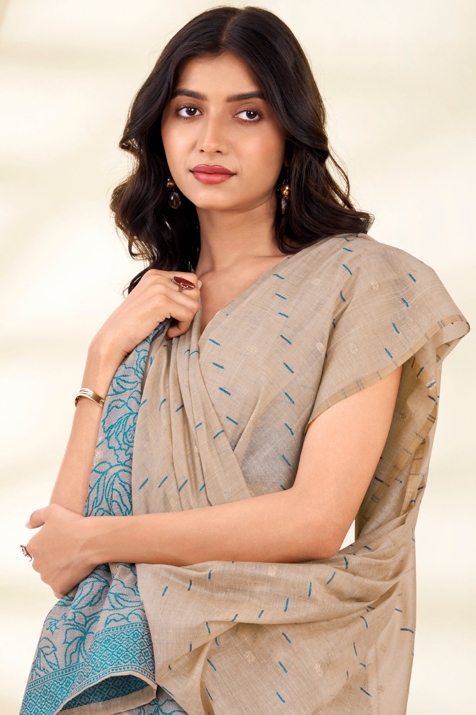 Buy MySilkLove Rich Cream and Blue Woven Modal Cotton Saree Online
