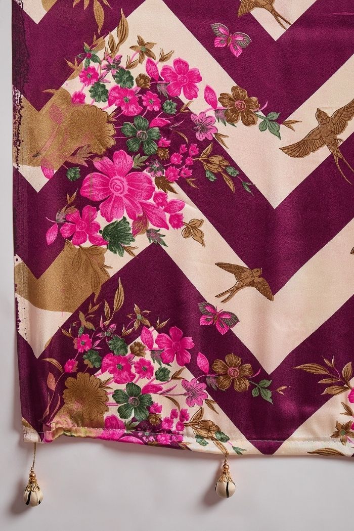 Buy MySilkLove Cosmic Purple Stripe Printed Floral Satin Gaji Silk Saree Online