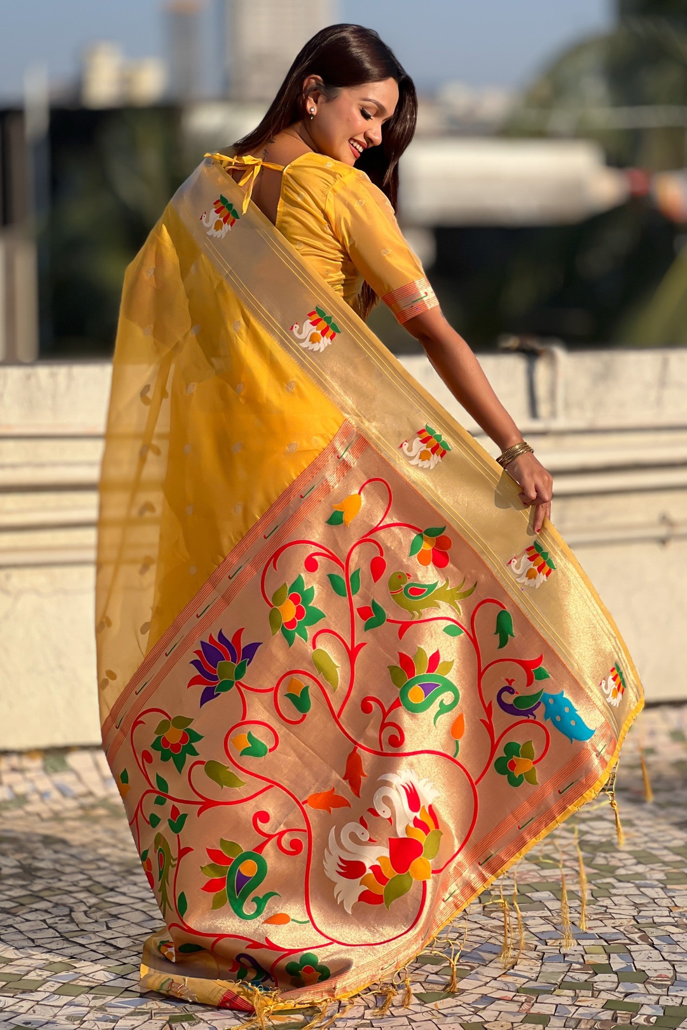 Buy MySilkLove Sunflower Yellow Organza Woven Paithani Saree Online