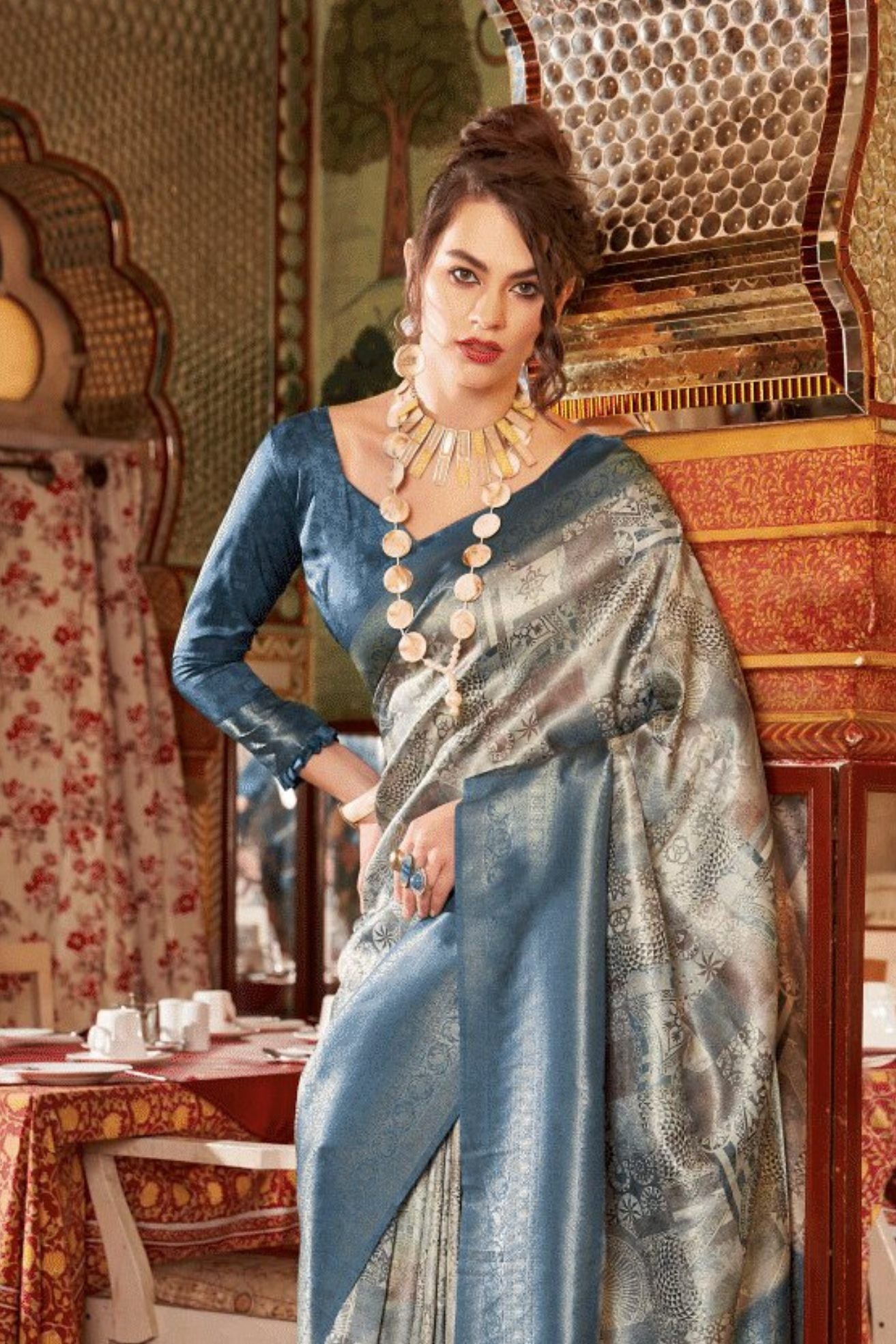 Buy MySilkLove Pablo Grey Banarasi Digital Printed Saree Online