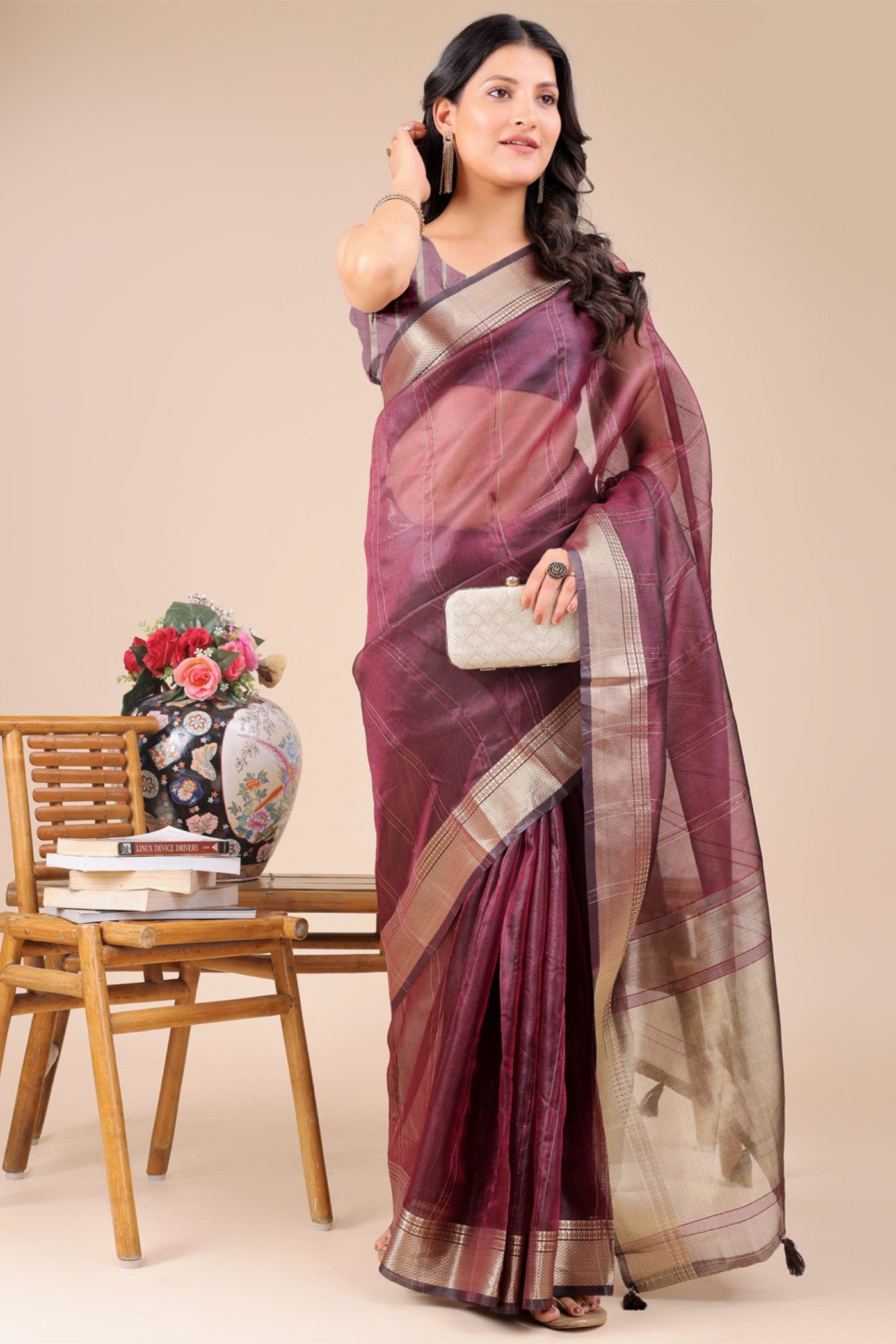 MySilkLove Plum Purple Woven Organza Saree