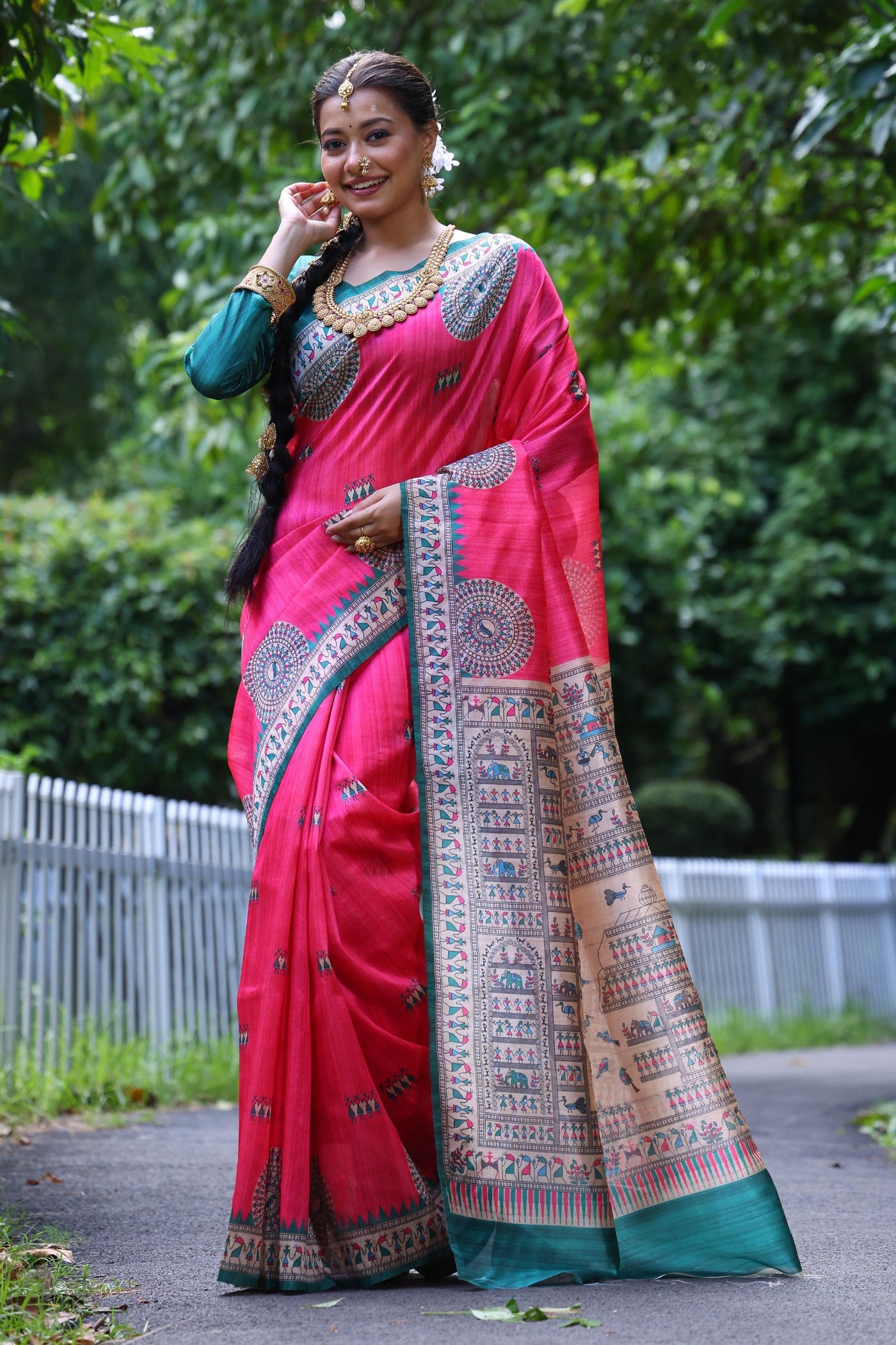 Buy MySilkLove Canary Pink Madhubani Tussar Printed Silk Saree Online