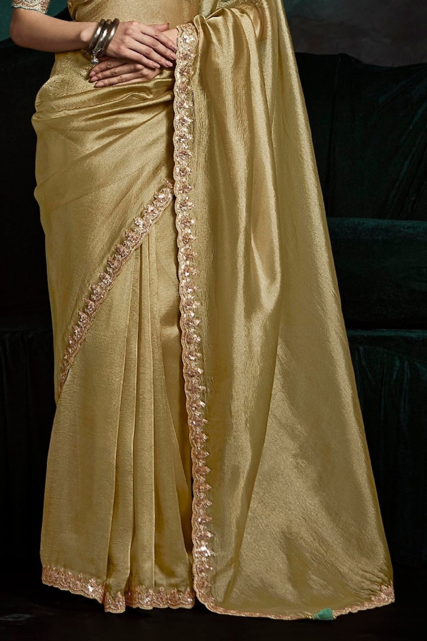 Buy MySilkLove Bronze Yellow Embroidered Tissue Designer Saree Online