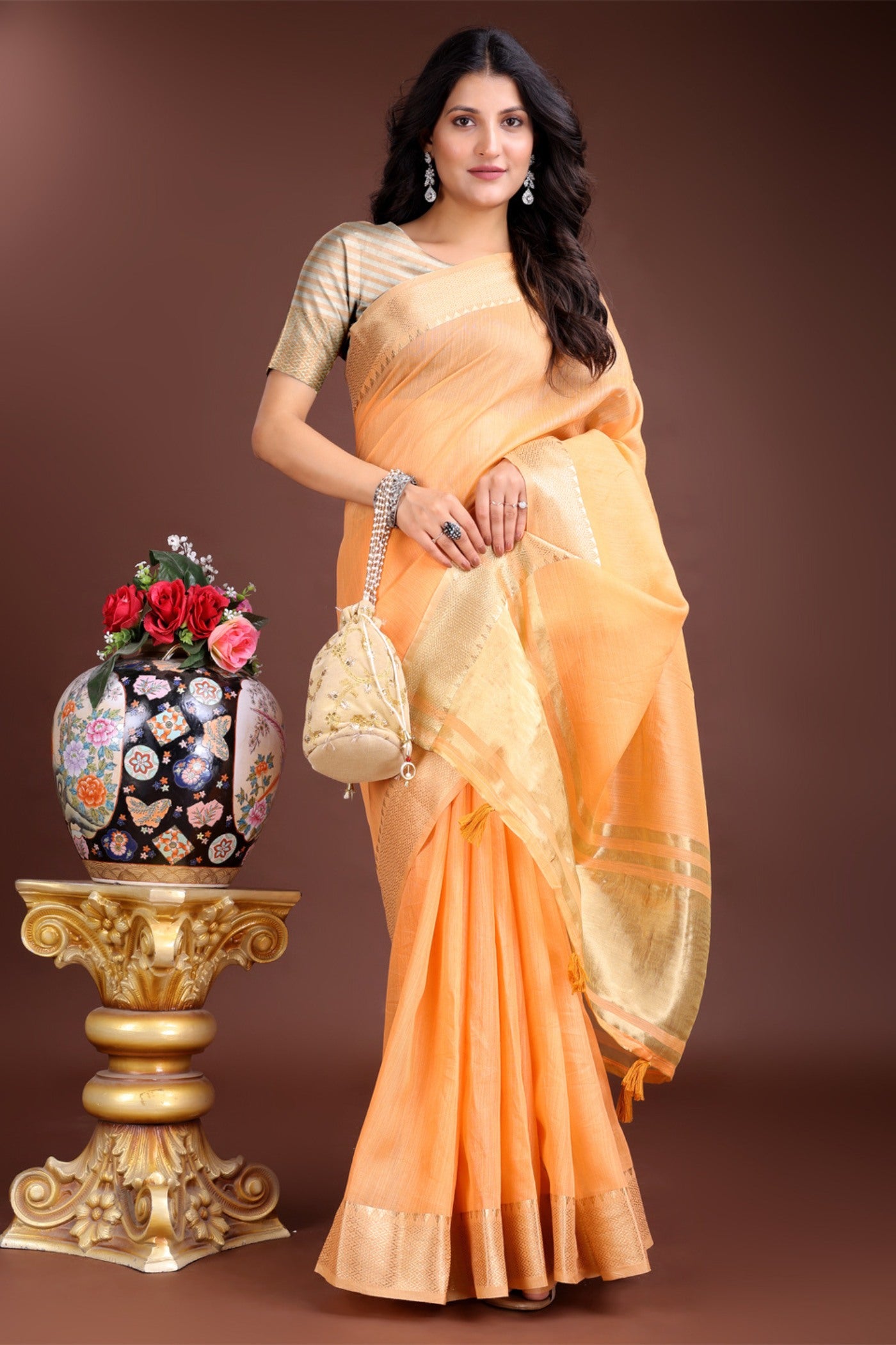 MySilkLove Beer Orange Woven Cotton Saree