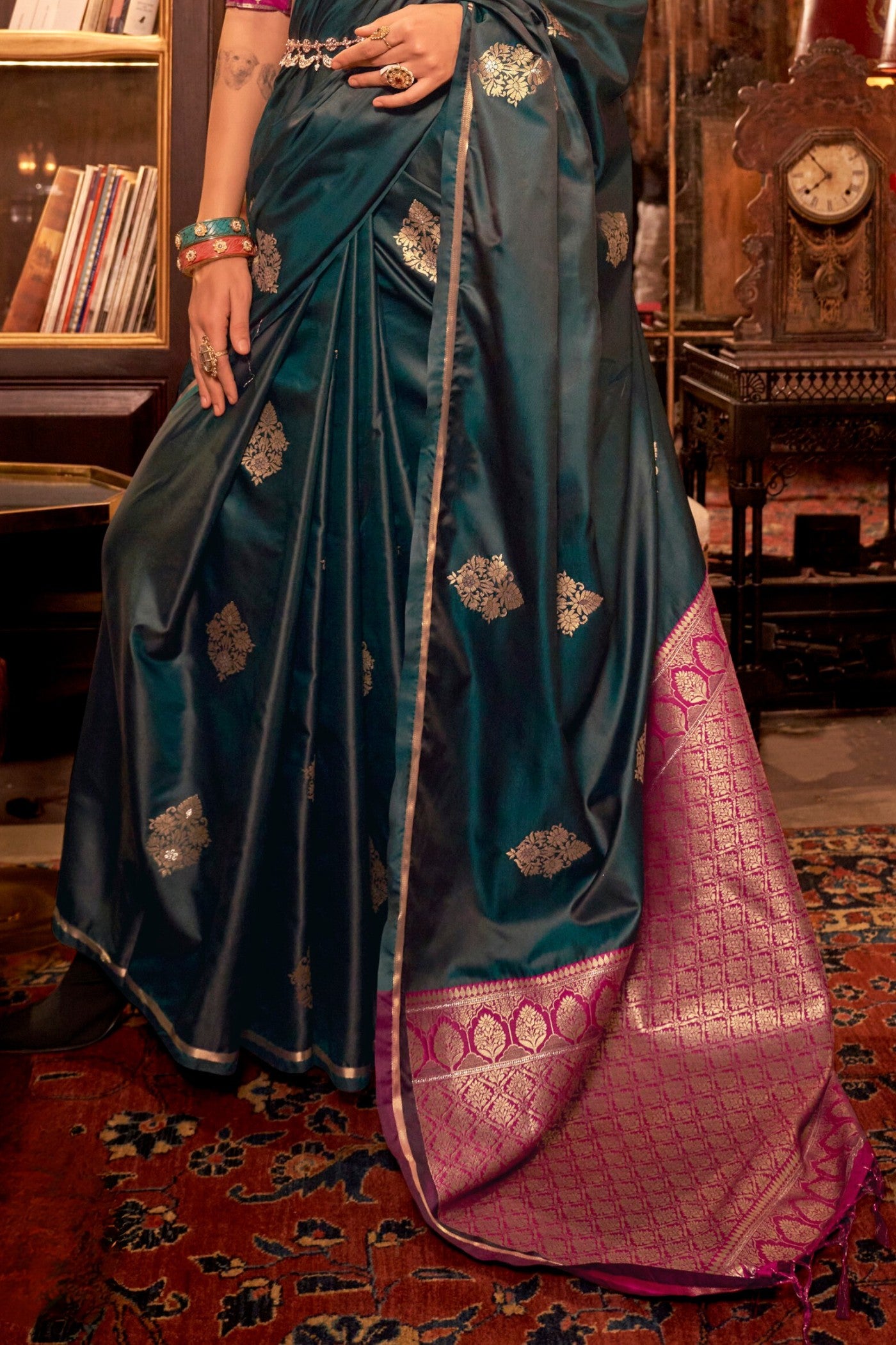 Buy MySilkLove Bunker Green Banarasi Satin Saree Online