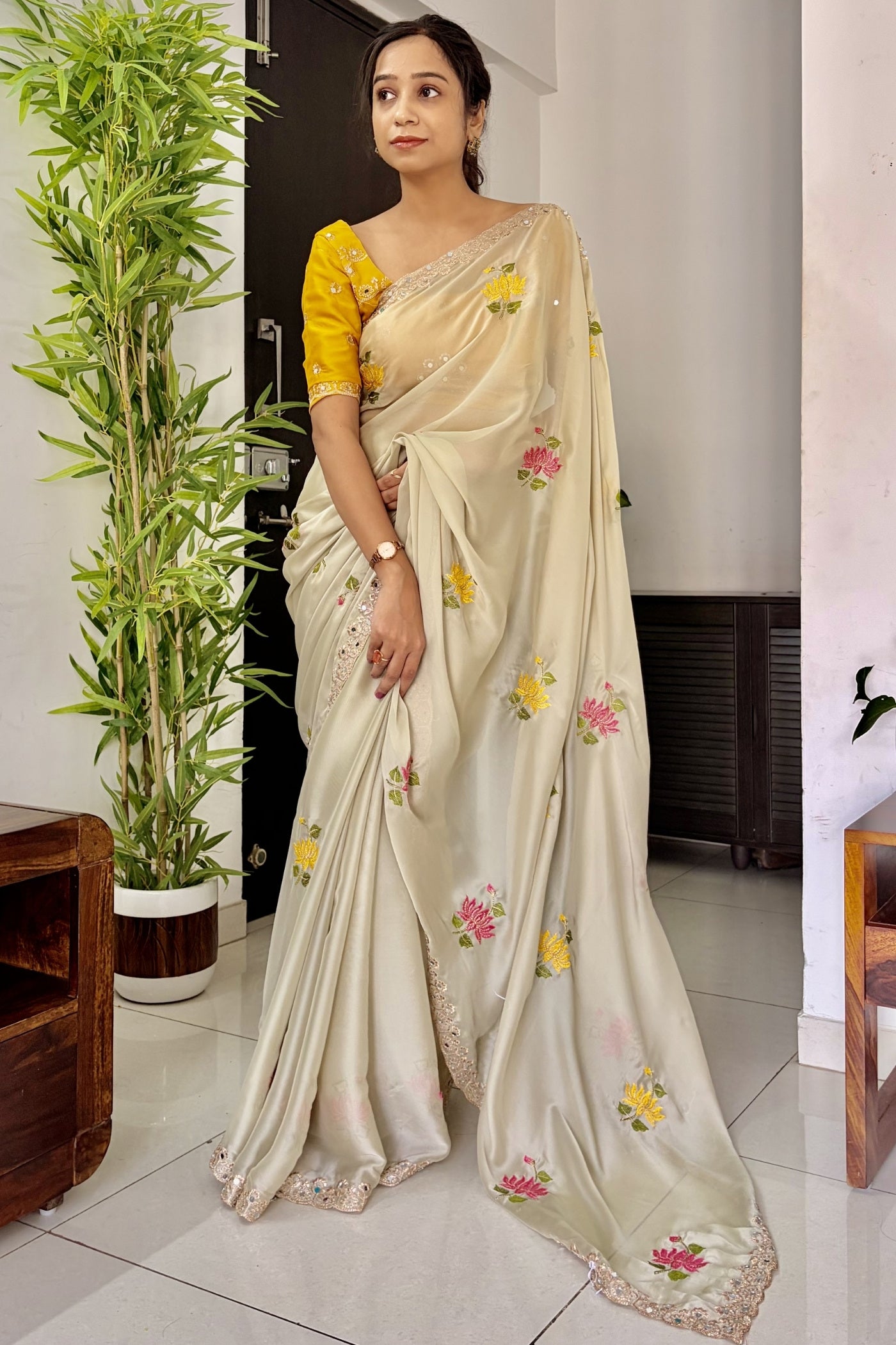 Buy MySilkLove Dutch Cream and Yellow Embroidery Chiffon Floral Saree Online