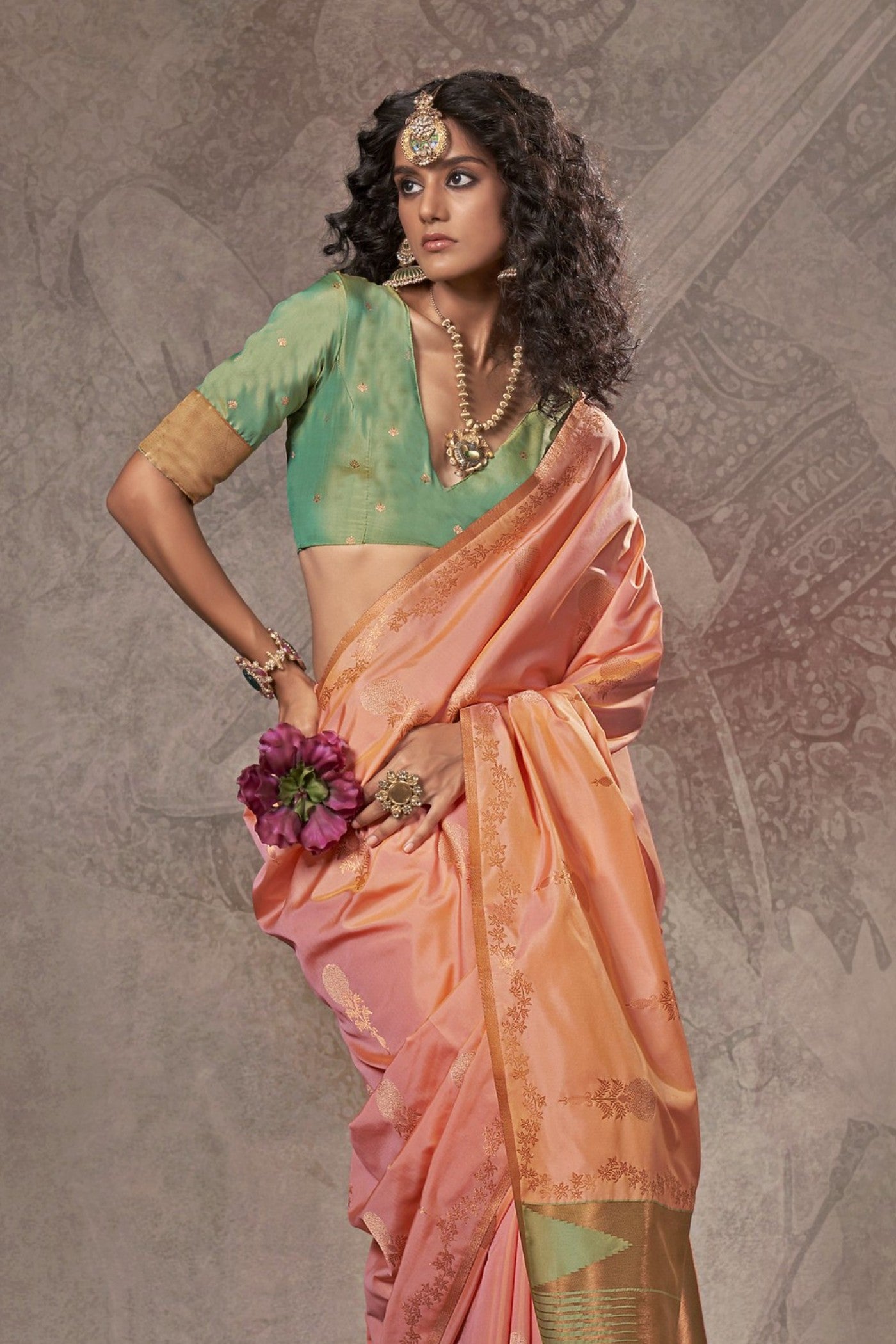 Buy MySilkLove Crayola Peach Two Tone Banarasi Handloom Saree Online