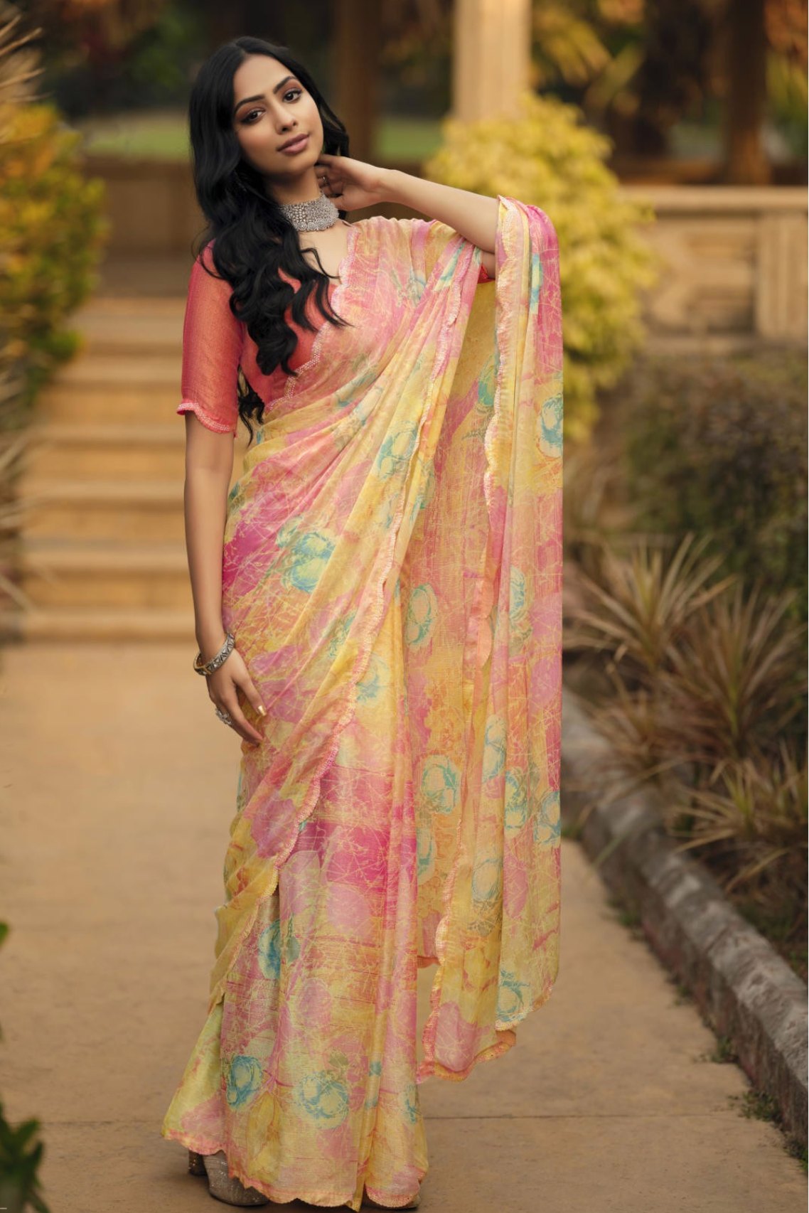 Buy MySilkLove Sunset Pearl Yellow and Pink Barasso Printed Saree Online