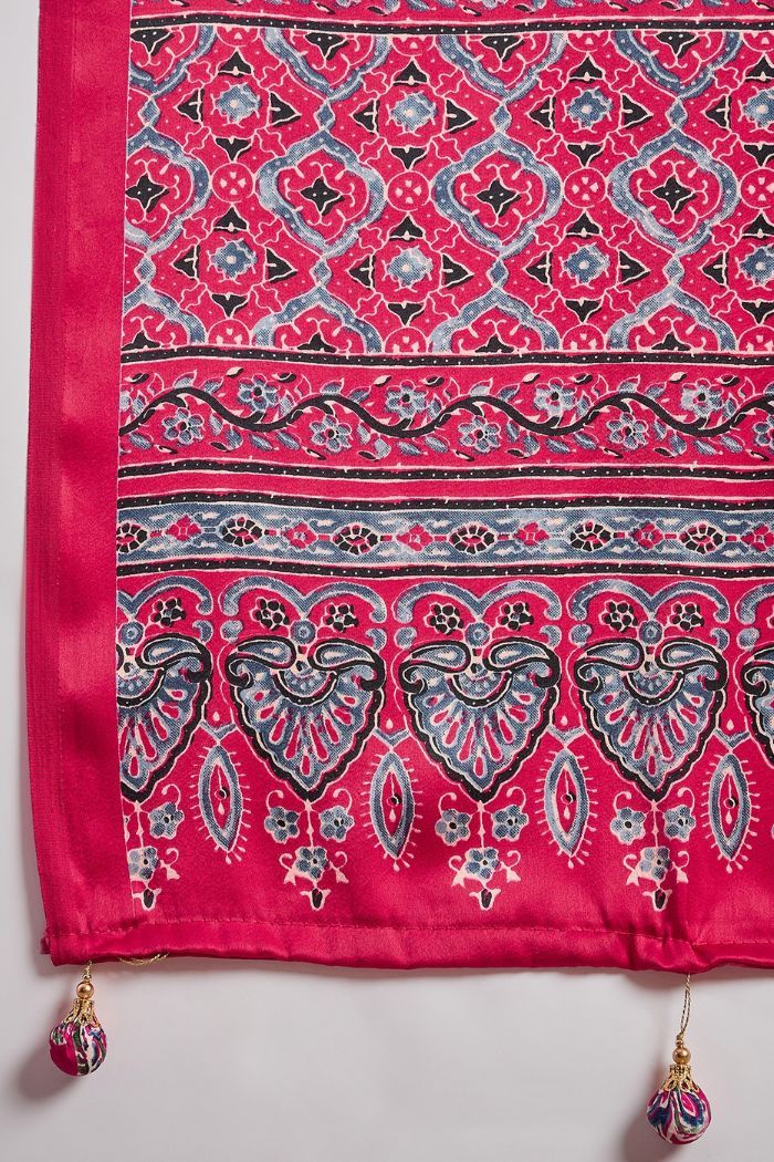 Buy MySilkLove Dust Cream and Red Ajrakh Printed Satin Gaji Silk Saree Online