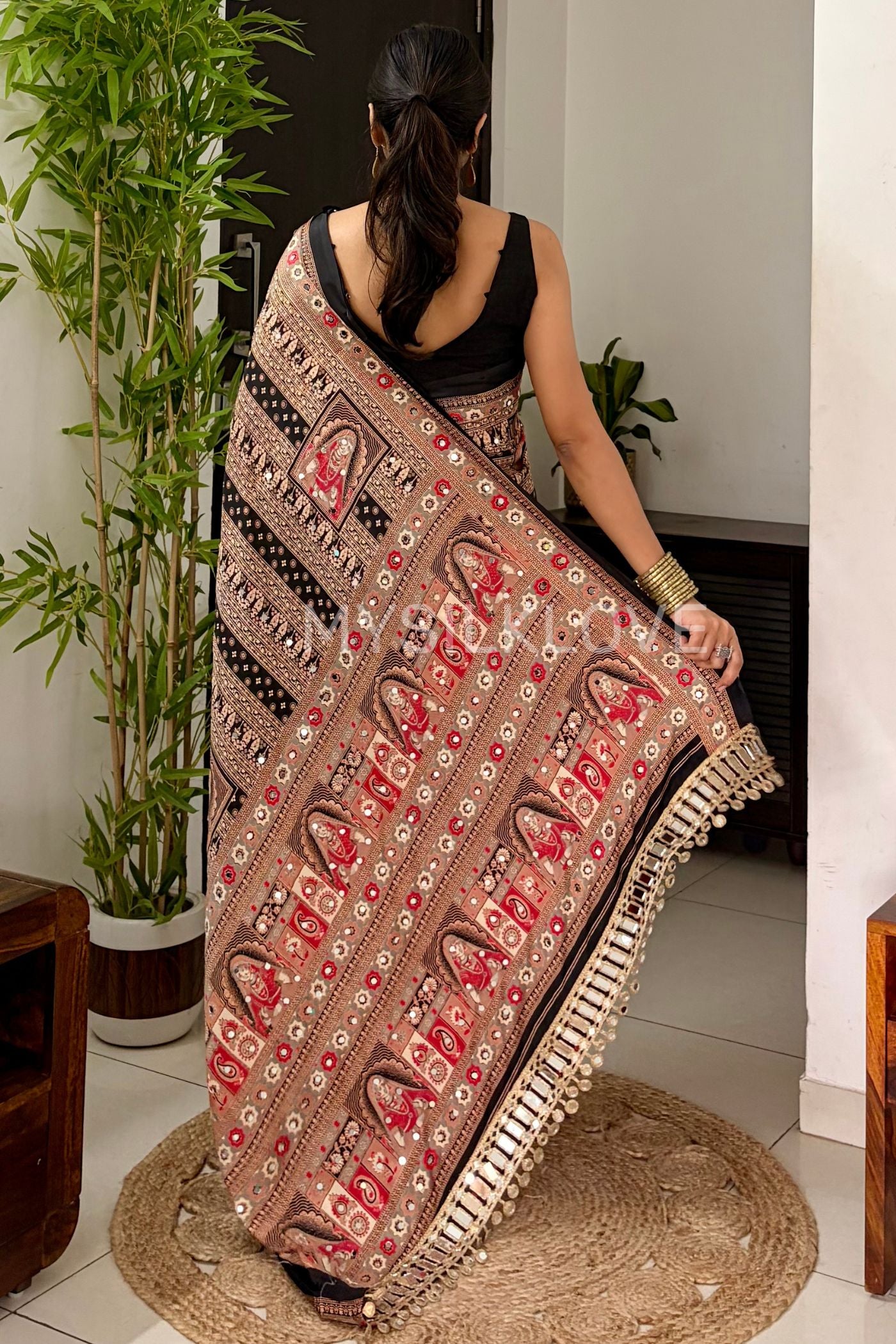 Buy MySilkLove Velvet Black Dulhan Print Satin Mirror Work Saree Online