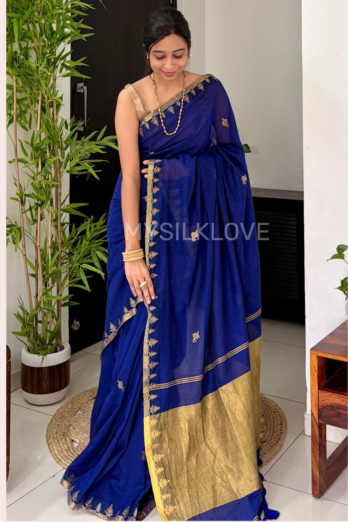Buy MySilkLove Capri Blue Mul Mul Cotton Zari Woven Saree Without Blouse Online