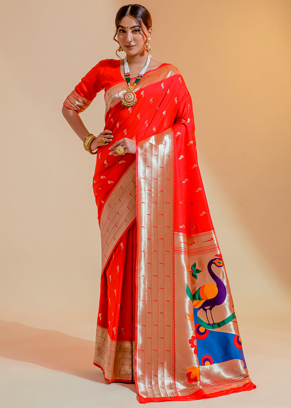 Buy MySilkLove Orange Red Woven Paithani Silk Saree Online
