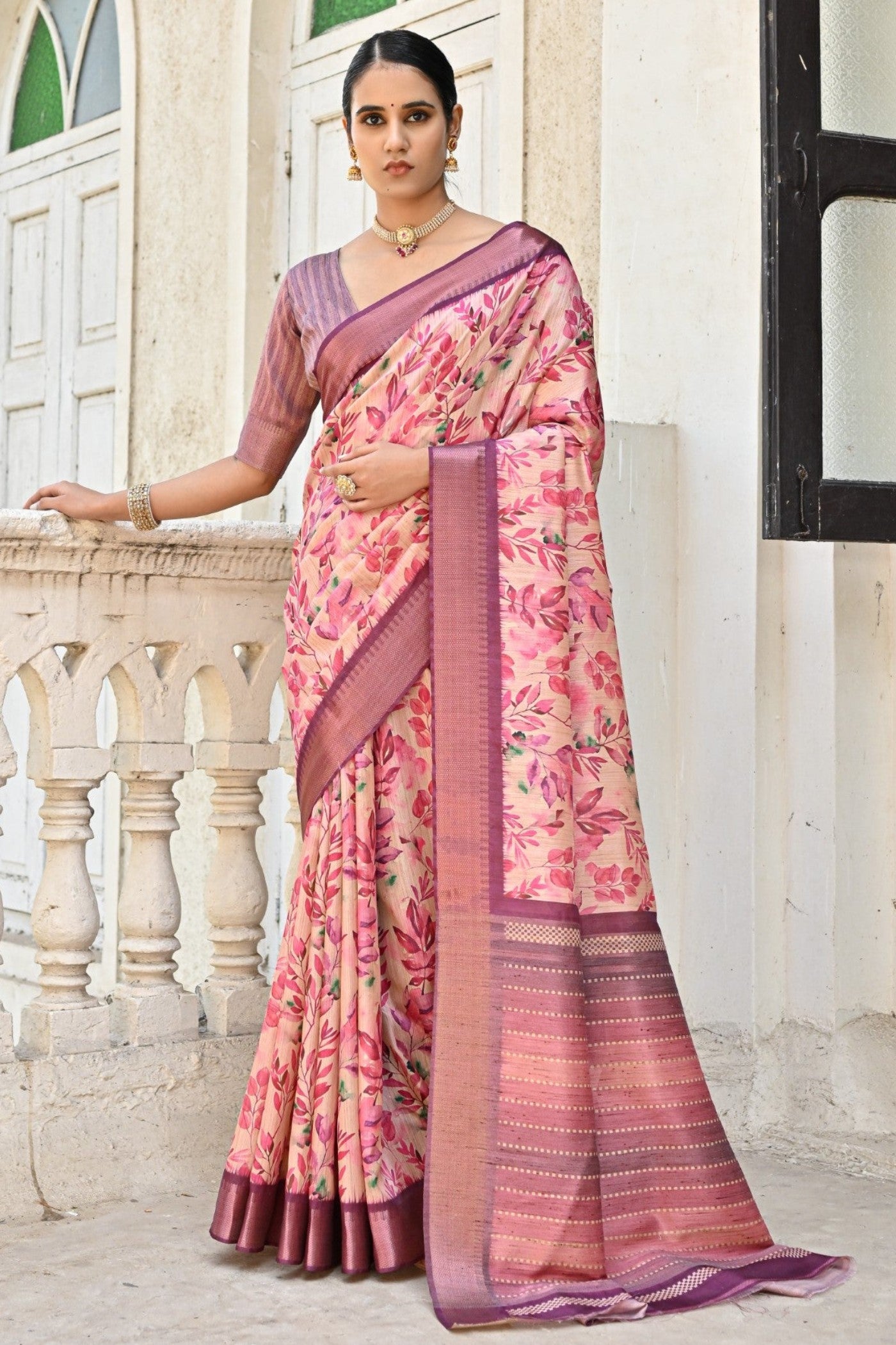 Buy MySilkLove Wewak Pink Tussar Printed Silk Saree Online