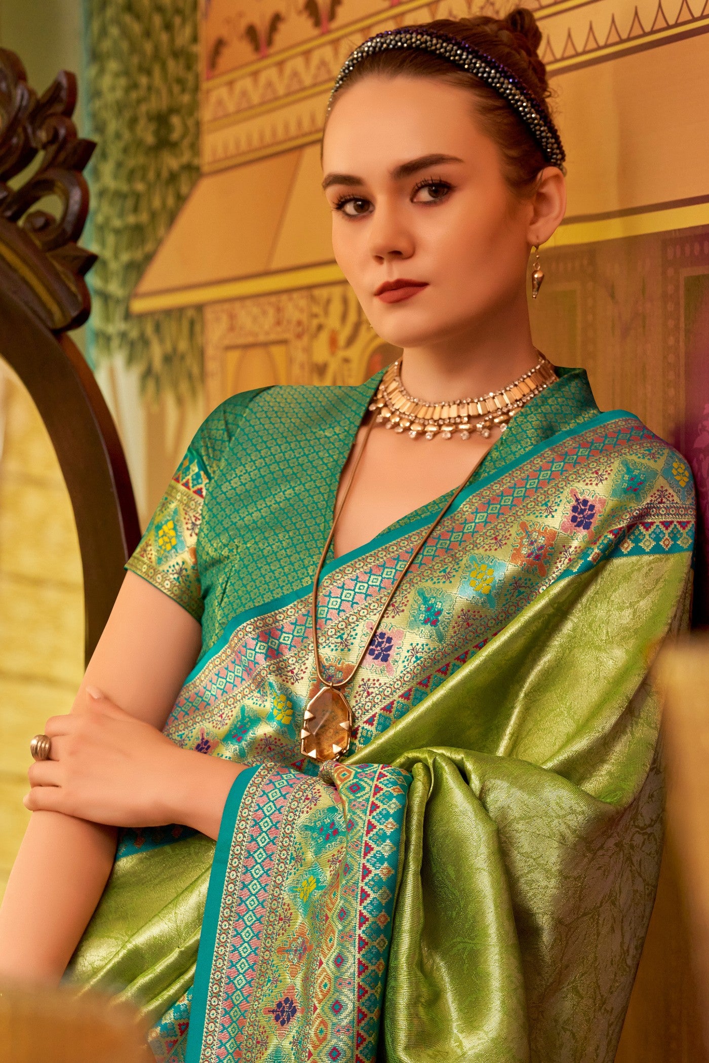 Buy MySilkLove Wild Willow Green Woven Tissue Silk Saree Online