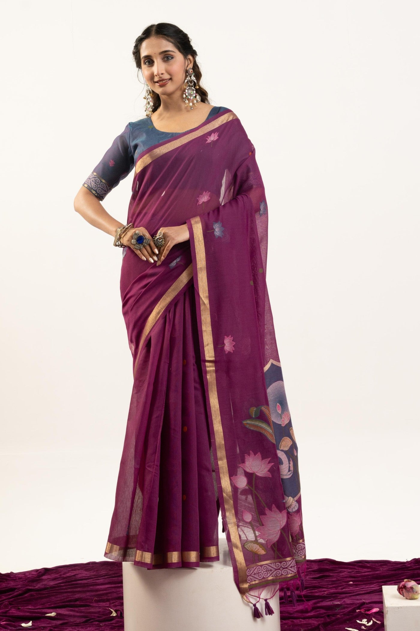 Buy MySilkLove Mulberry Purple Woven Soft Muga Cotton Saree Online