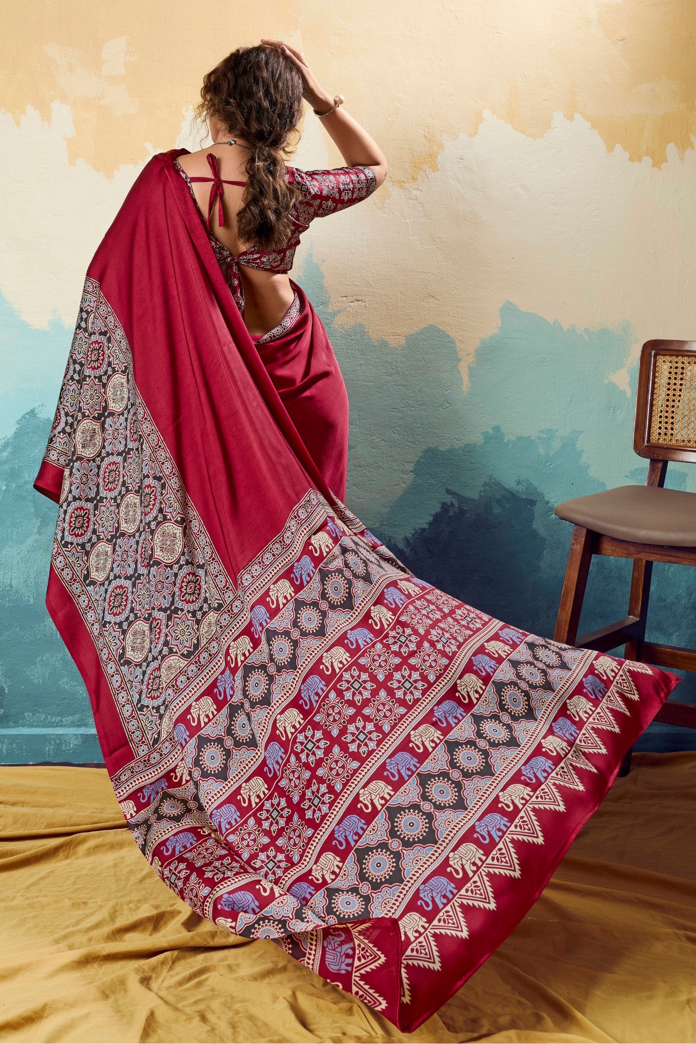 Buy MySilkLove Tomato Red Modal Ajrakh Satin Printed Silk Saree Online
