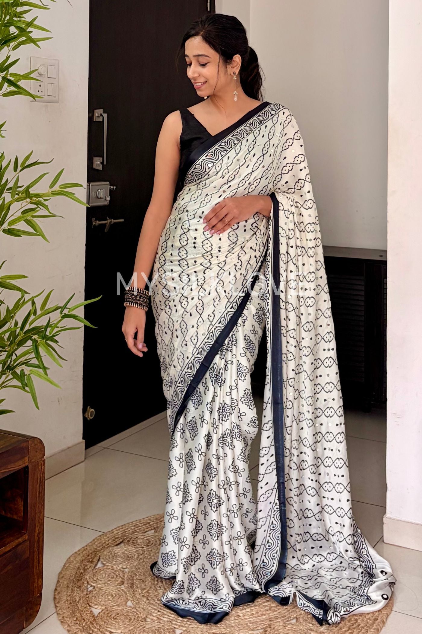 Buy MySilkLove Coconut White and Black Satin Printed Silk Saree Online