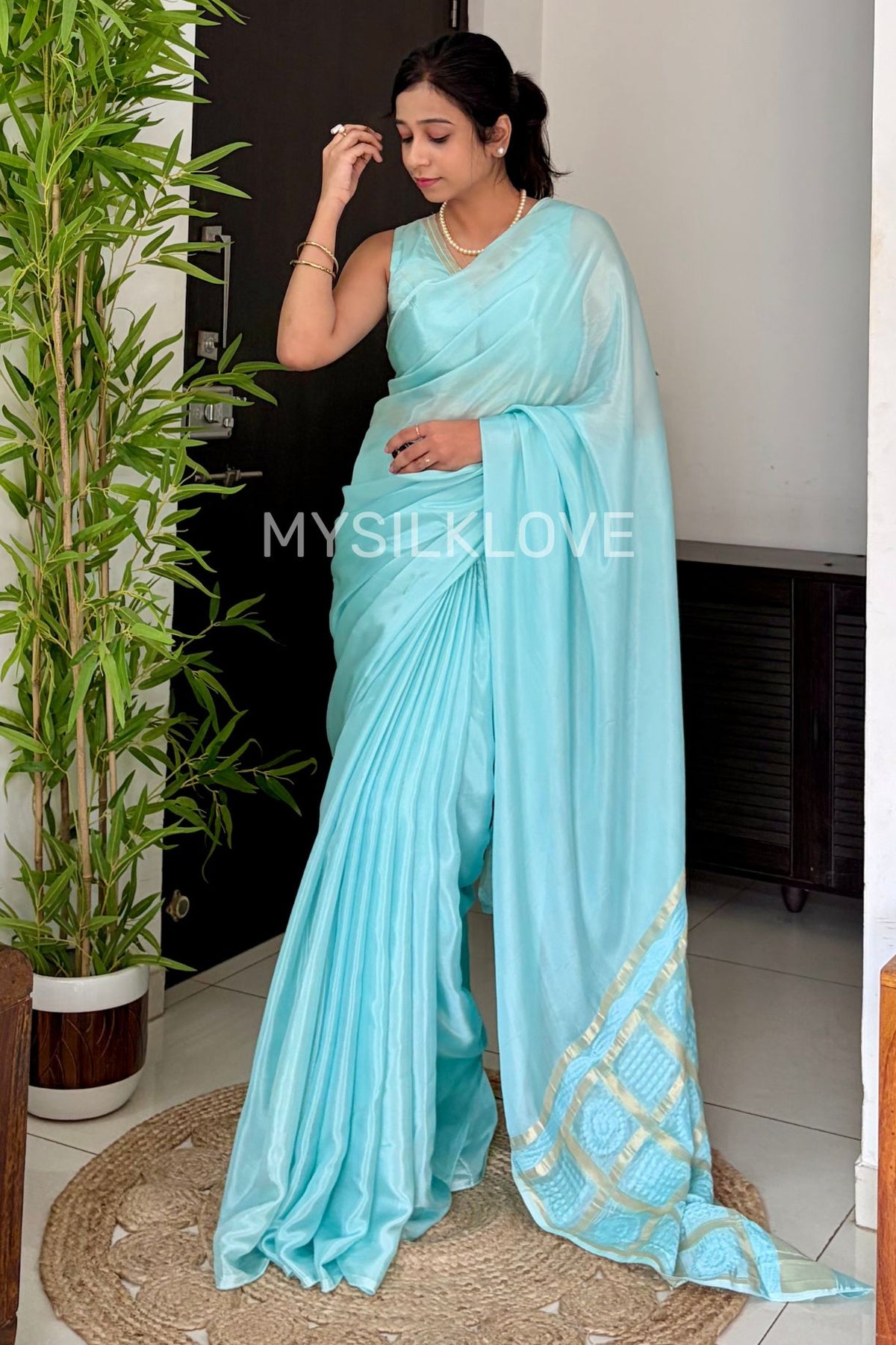 Buy MySilkLove Aqua Blue Chiffon Saree with Bandhani Pallu Online