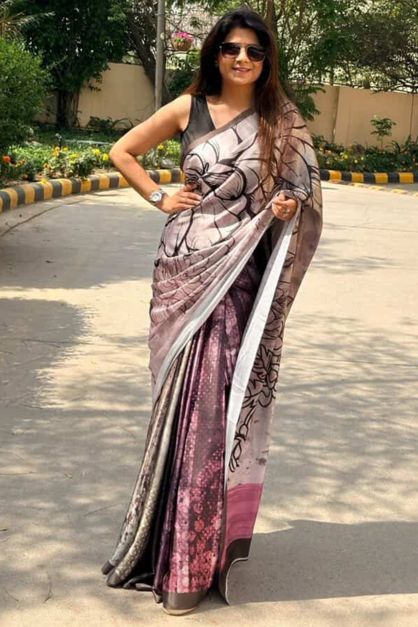 MySilkLove Cadet Grey Printed Satin Silk Saree