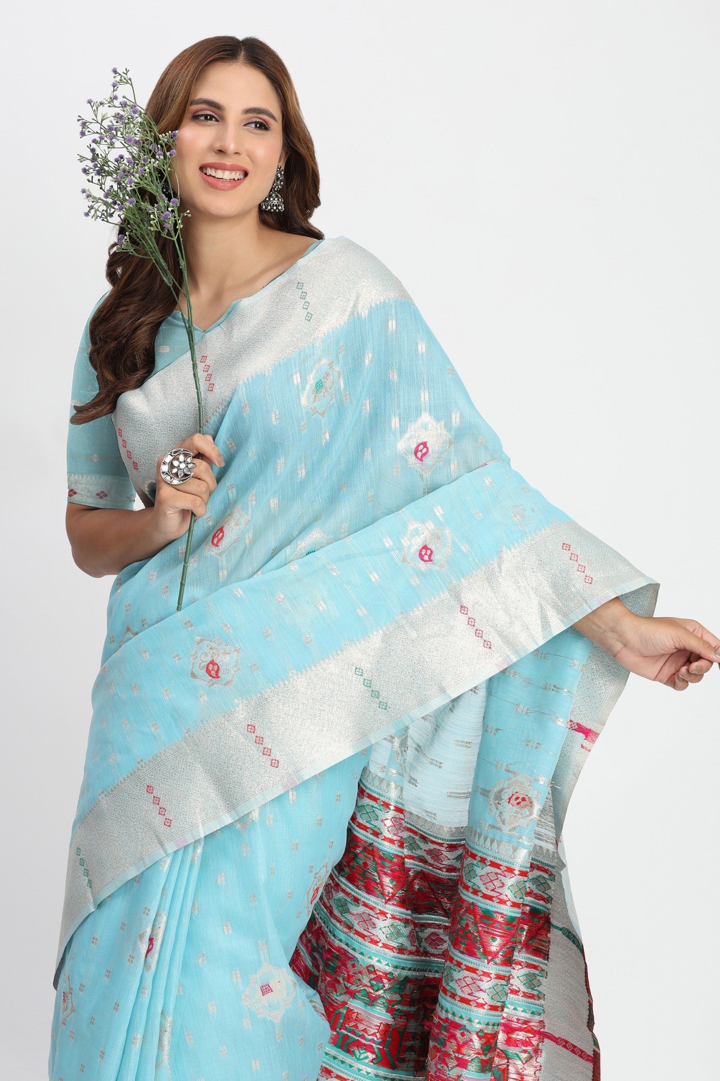MySilkLove Sky Blue Woven Linen Cotton Saree