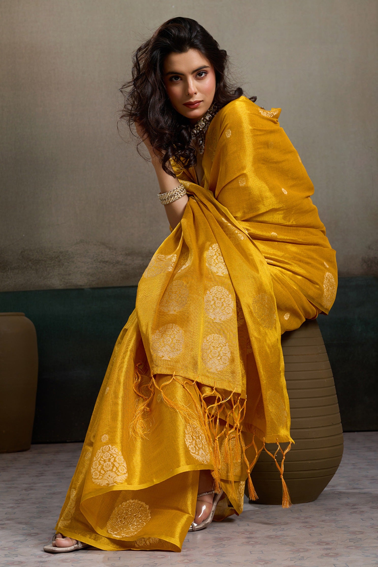 Buy MySilkLove Canary Yellow Woven Tissue Saree Online