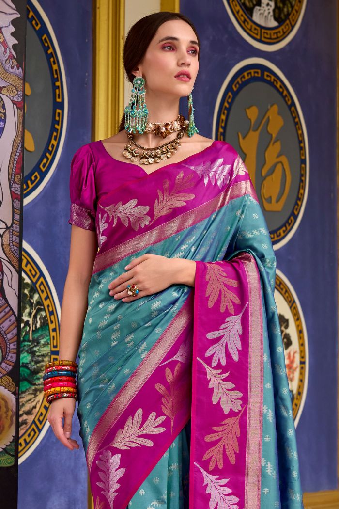 Buy MySilkLove Breaker Bay Blue and Pink Banarasi Soft Silk Saree Online