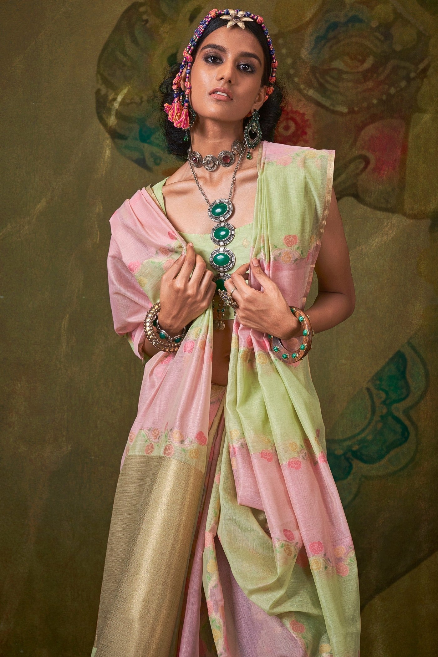 Buy MySilkLove Bush Pink and Green Banarasi Handloom Saree Online