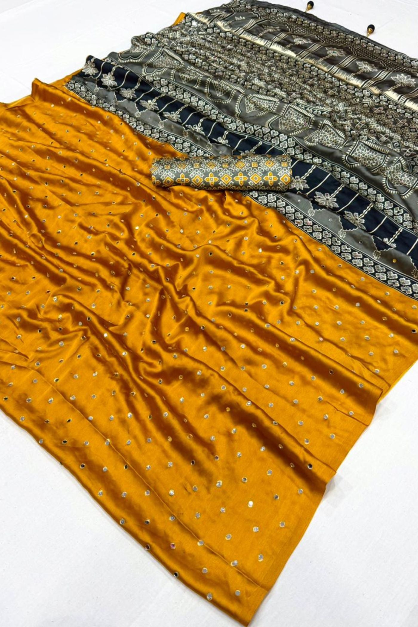 Buy MySilkLove Fire Fly Green Ajrakh Satin Printed Mirror Work Saree Online