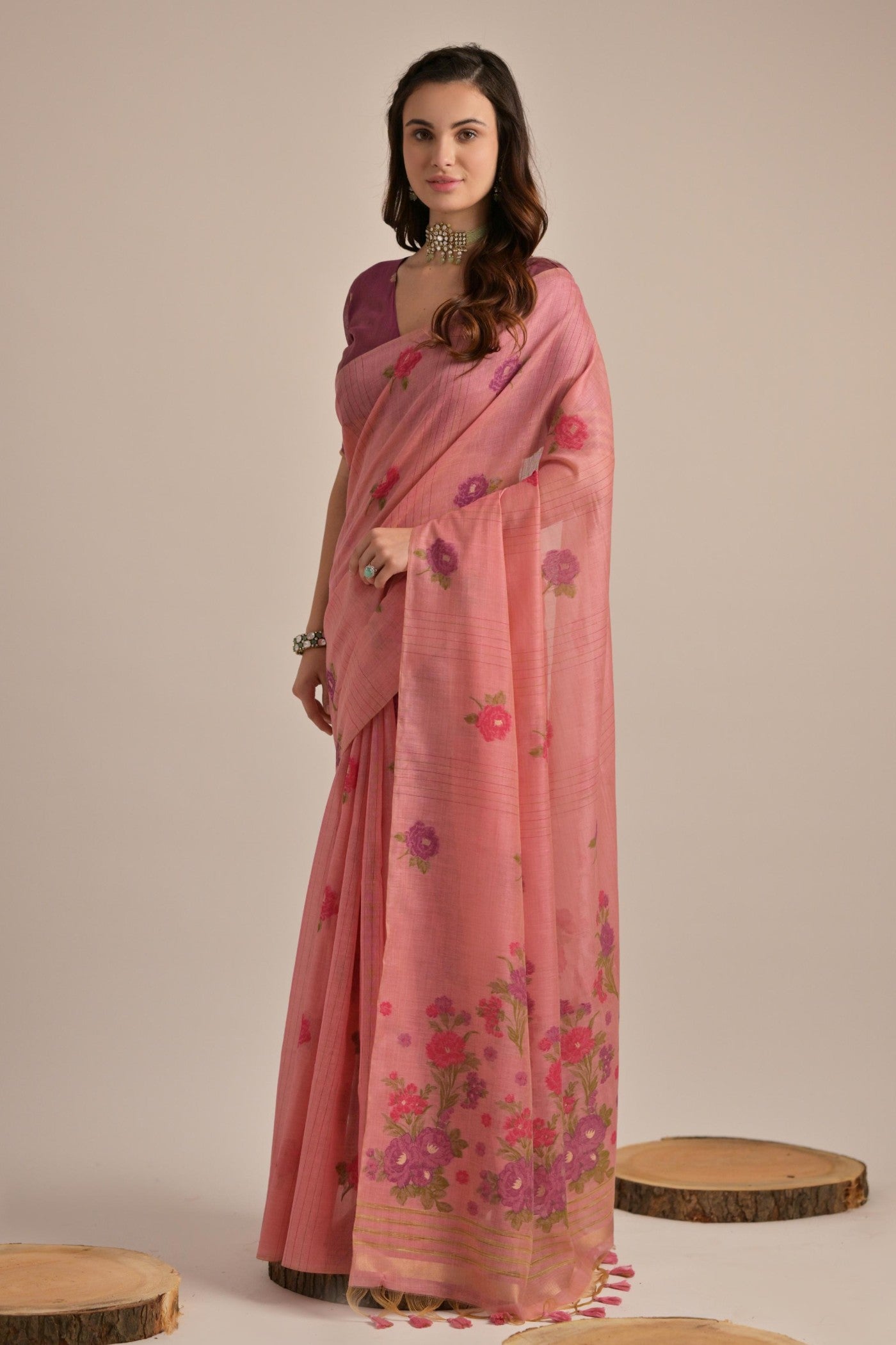 Buy MySilkLove Flower Peach Floral Woven Muga Cotton Saree Online