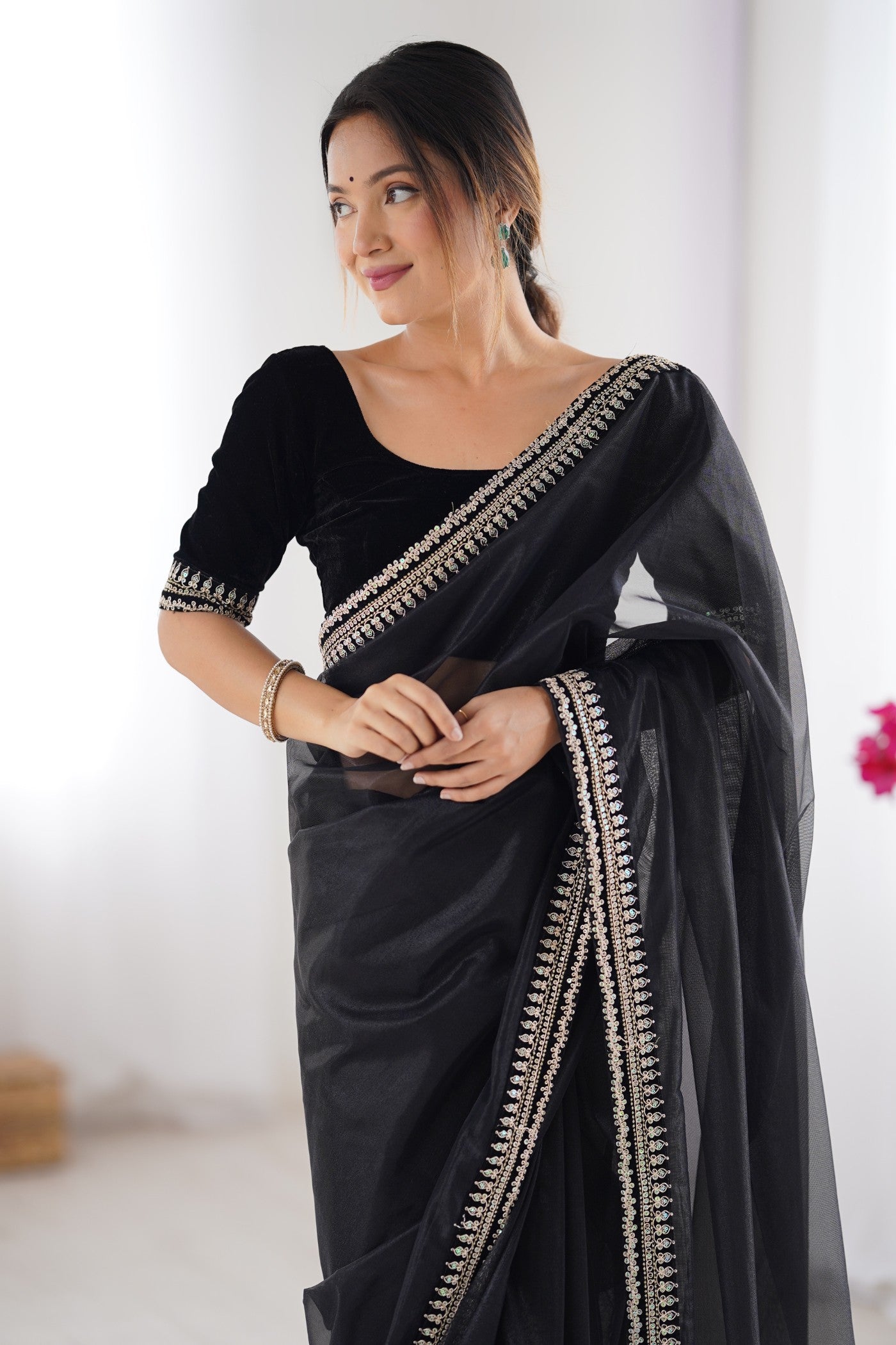 MySilkLove Meatal Black Partywear Net Saree