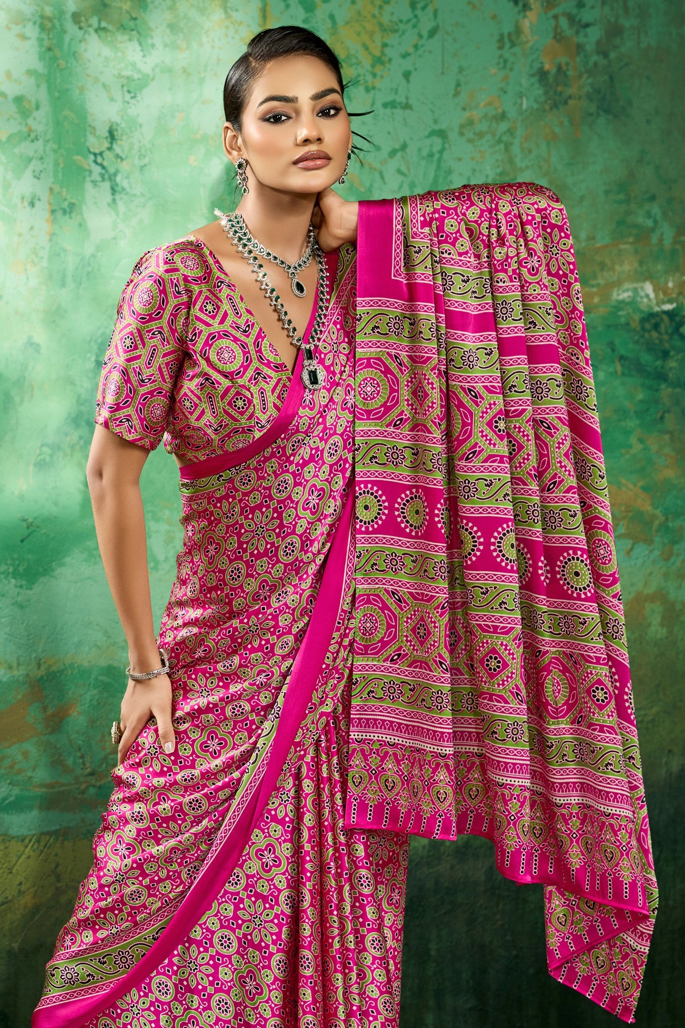Buy MySilkLove Paradise Pink Modal Ajrakh Satin Printed Silk Saree Online