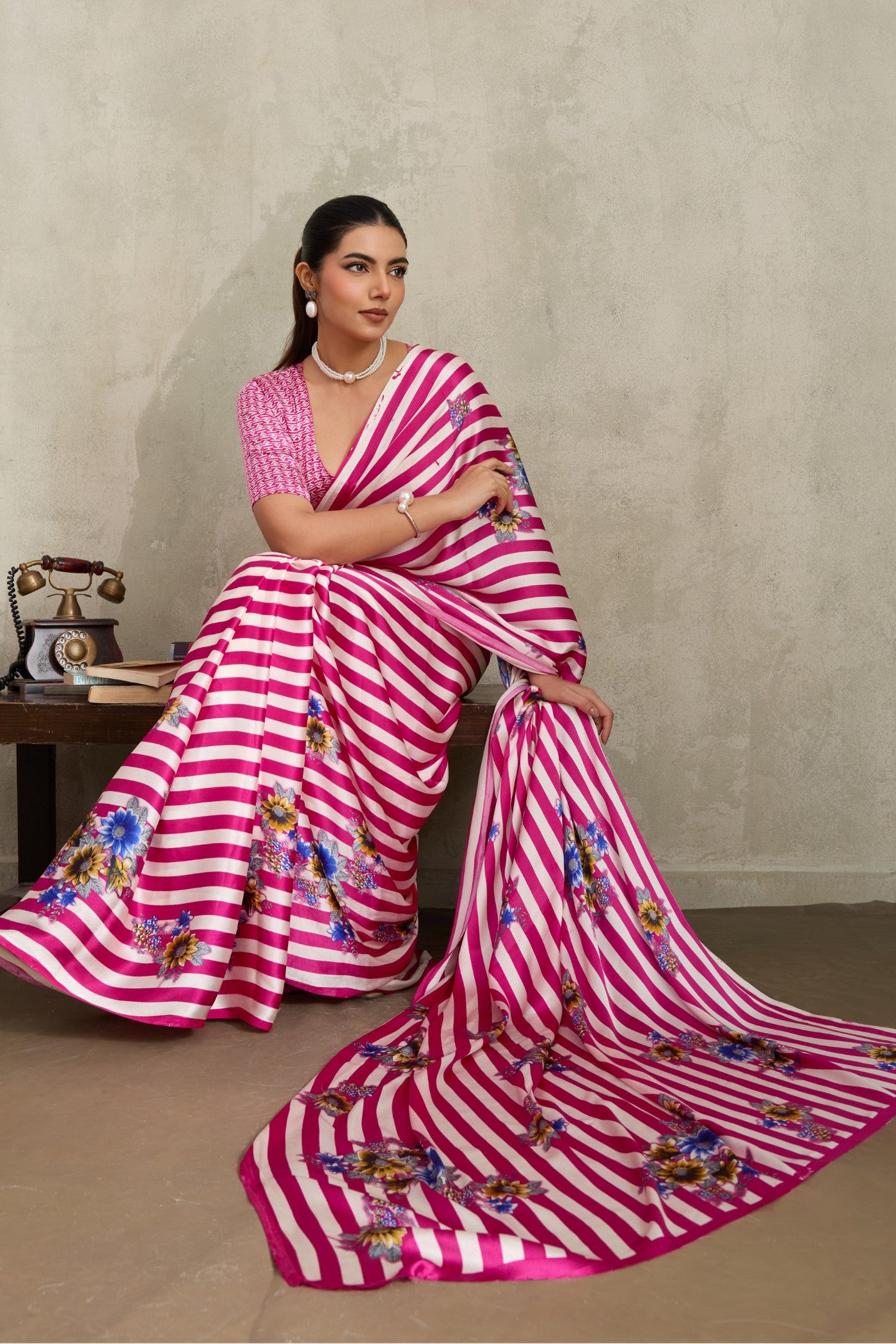 Buy MySilkLove Neon Pink Ajrakh Printed Satin Crepe Silk Saree Online