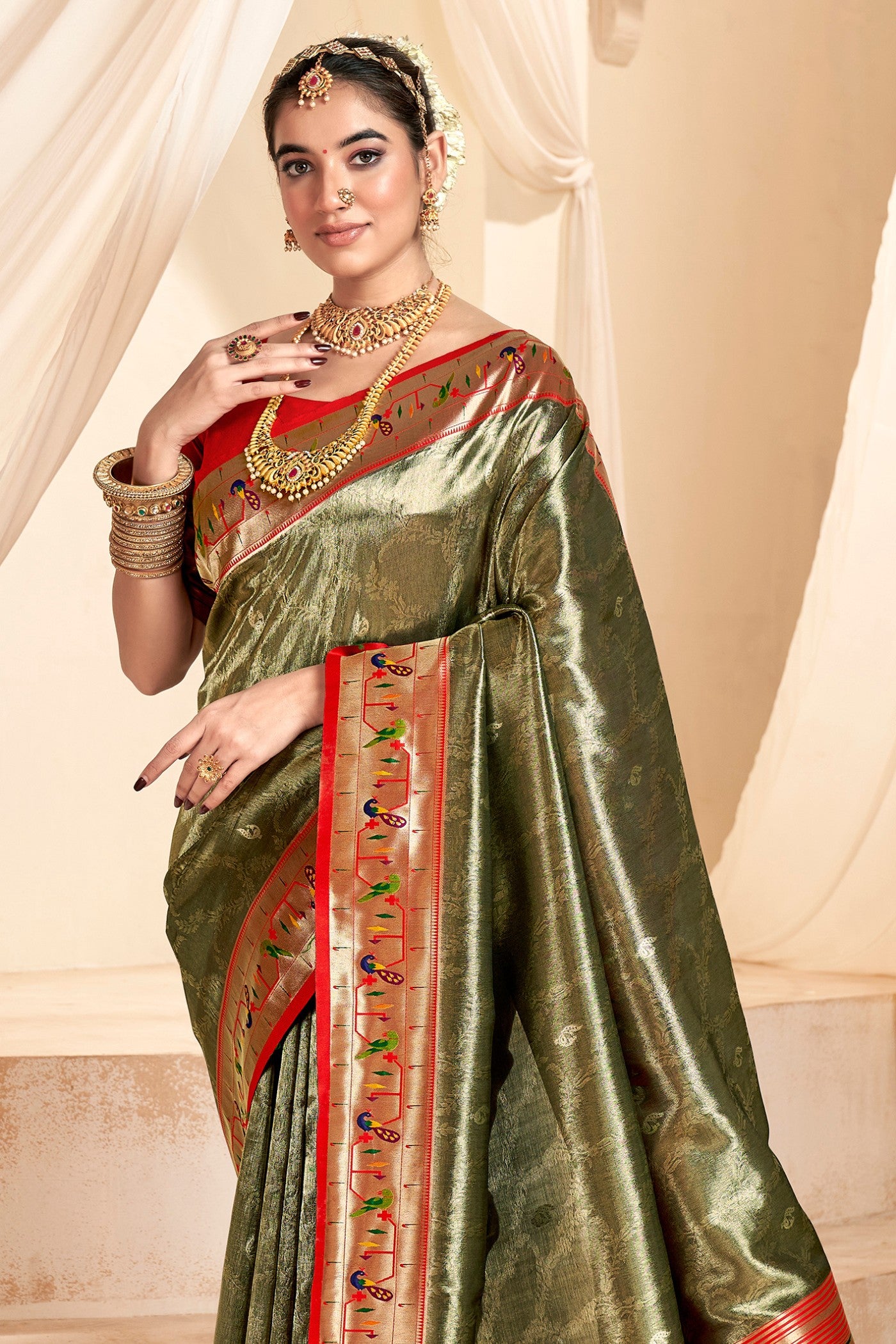 Buy MySilkLove Finch Brown Zari Woven Paithani Tissue Saree Online