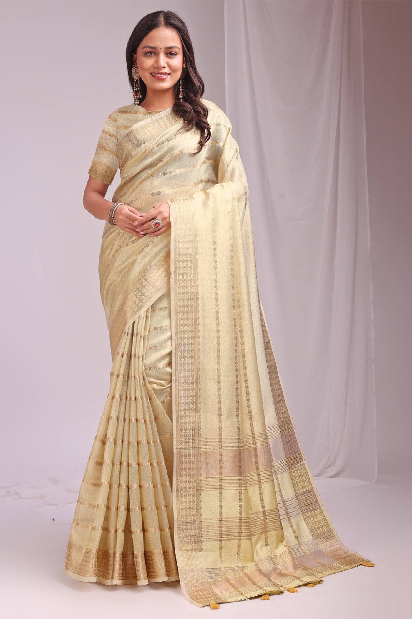 Buy MySilkLove Coco Cream Woven Organza Saree Online