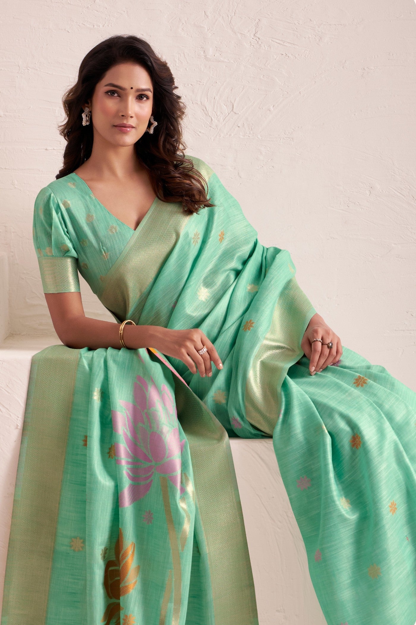 Buy MySilkLove Sea Green Woven Linen Saree Online