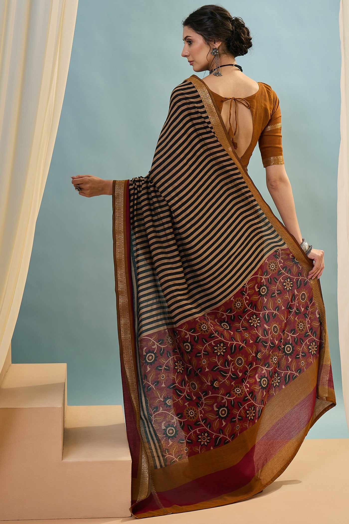 Buy MySilkLove Tawny Brown Woven Cotton Saree Online