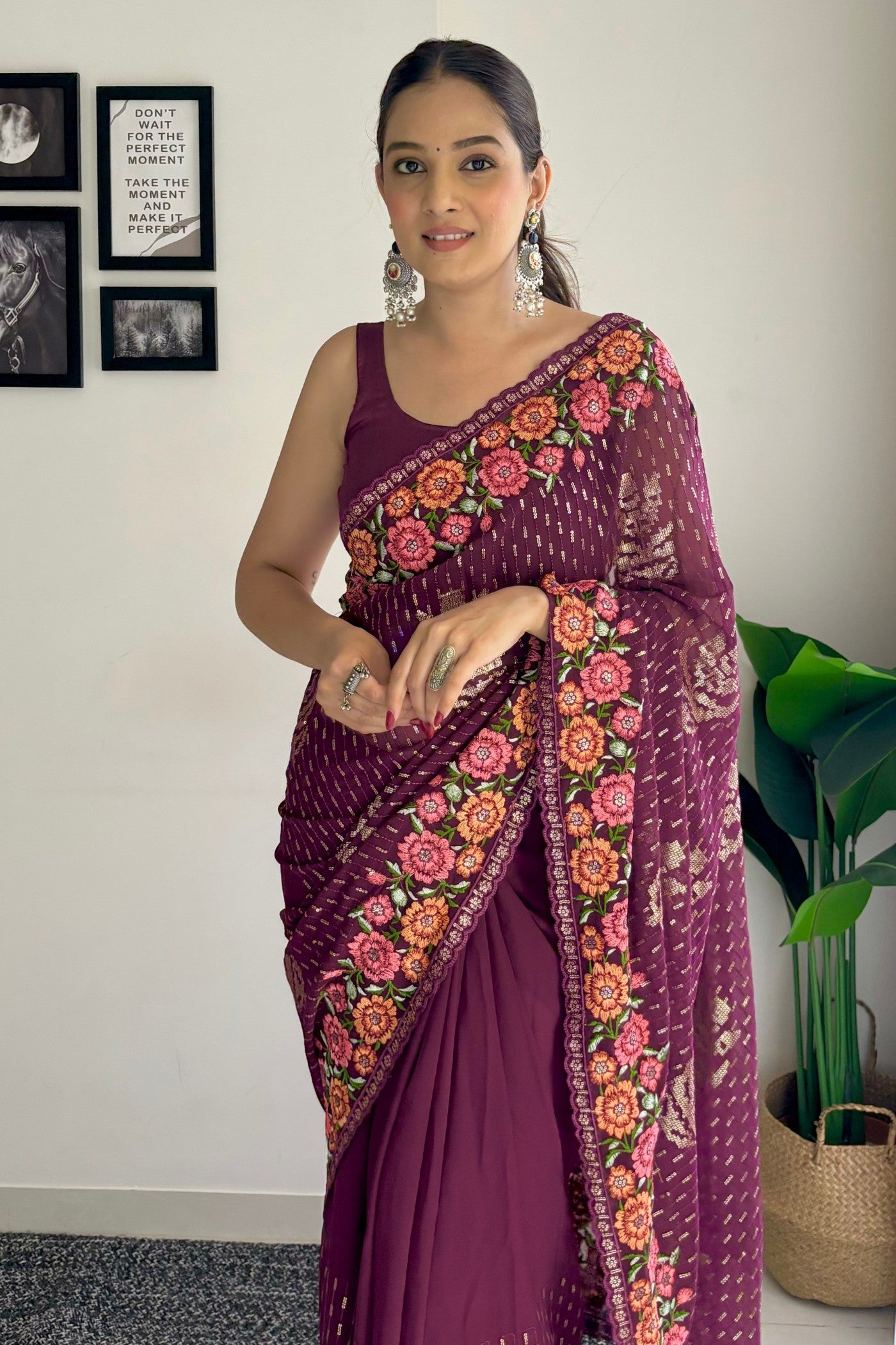 Buy MySilkLove Wine Purple Embroidery Designer Georgette Saree Online