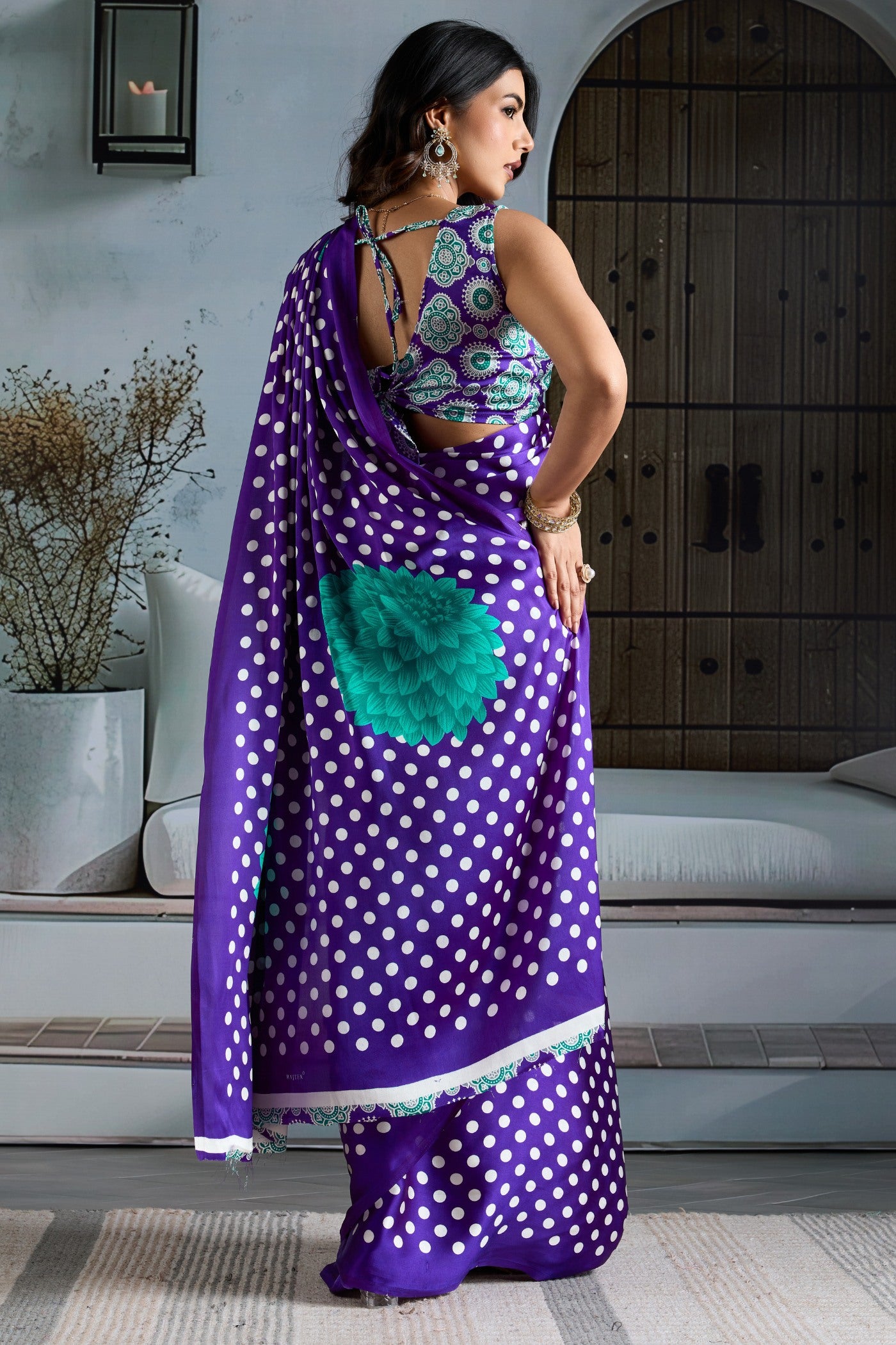 Buy MySilkLove Bondi Blue Printed Polka Dots Satin Crepe Saree Online