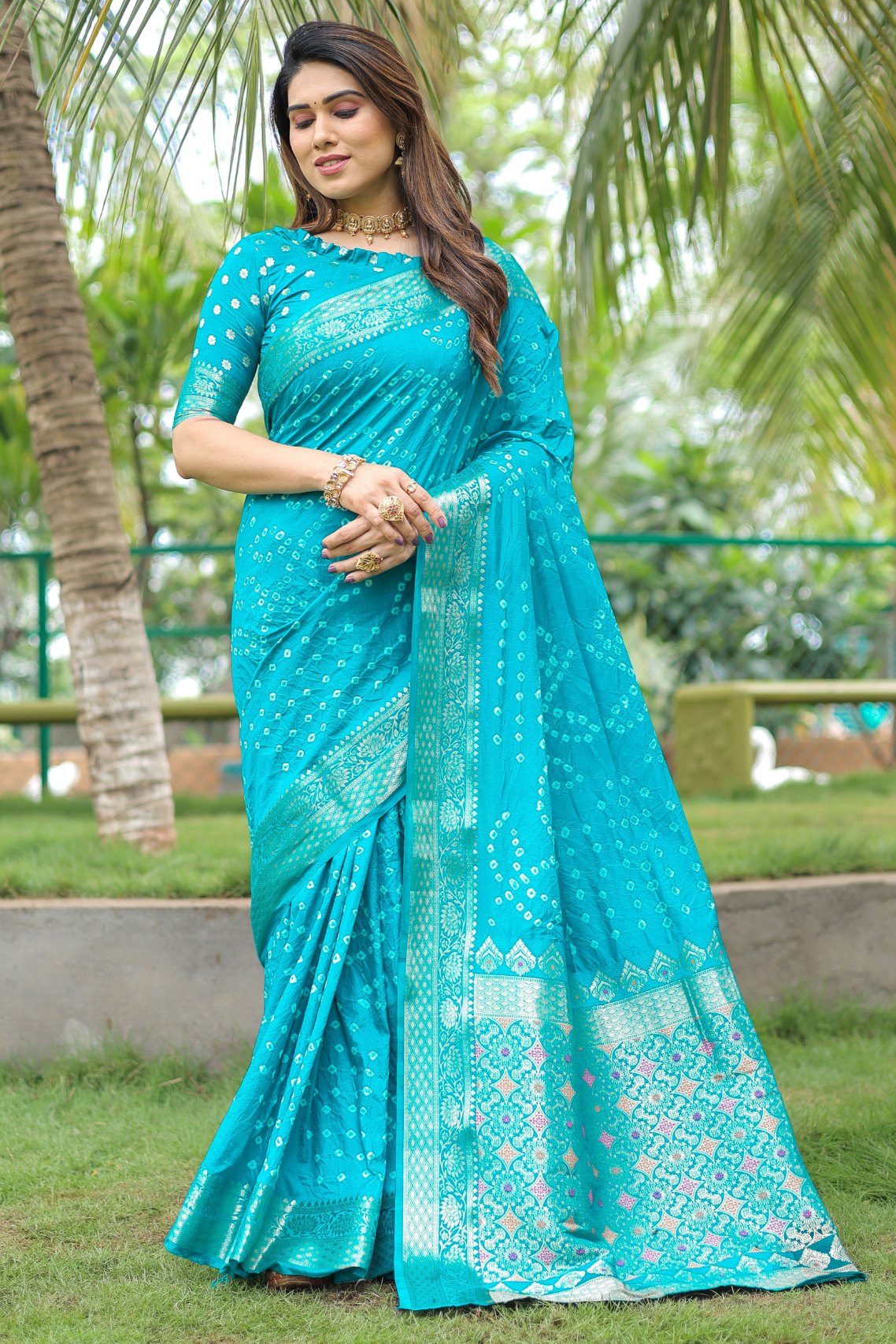 Buy MySilkLove Bright Turquoise Blue Bandhani Dola Silk Saree Online